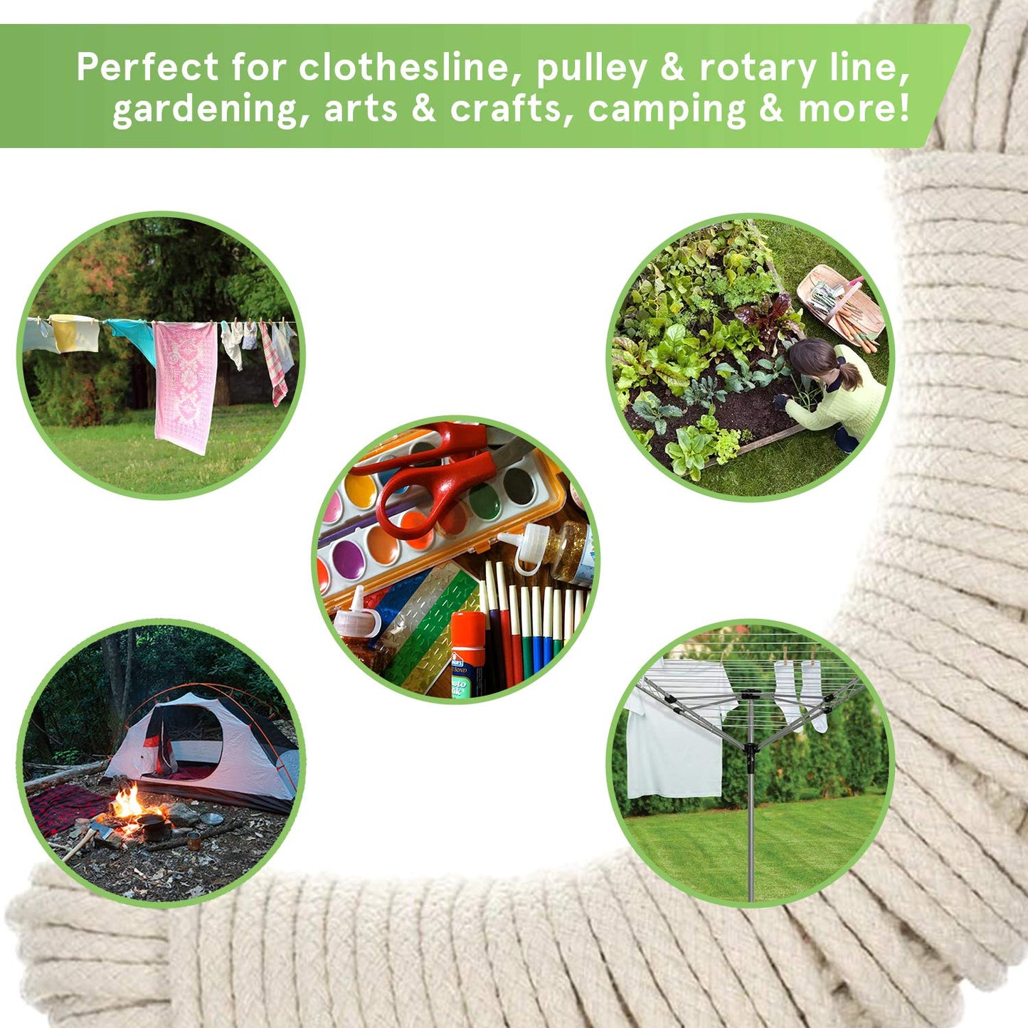 “The Strongest” Natural Cotton Clothesline Pulley by Smith’s® | 20m/66ft X 5.5mm | Soft Braided 130kgs Pulling Force Rope | Snag & Tear Resistant | 1 Year Guarantee! 20m (66ft)