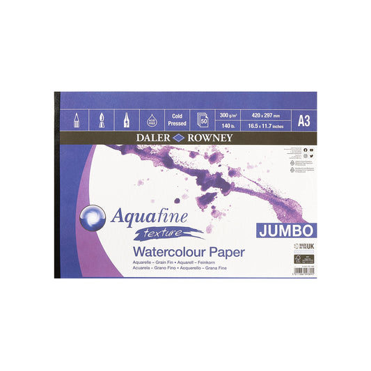 Daler-Rowney Aquafine Textured Watercolour and Gouache Cold-Pressed 300 gsm A3 Paper Pad, Glued 1 Side, Natural White, 50 Sheets, Ideal for Professional and Beginner Artists, Acid-Free WC TEXTURE PAD A3 300G 50SH Single