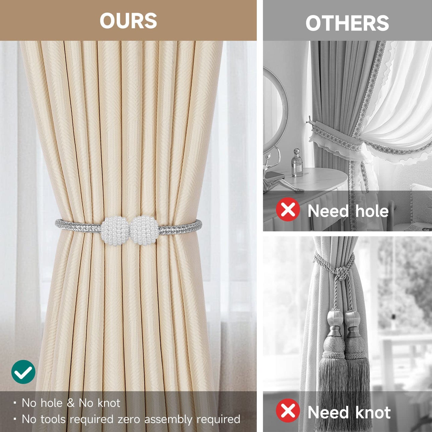 2 Pieces Magnetic Curtain Tie Backs - 19" Long Pearl Ball Curtain Magnetic TieBacks, European Drapes Clips Rope Holdbacks for Home, Office, Hotel Window Decorative Christmas Decorations, Grey Gray 2pack