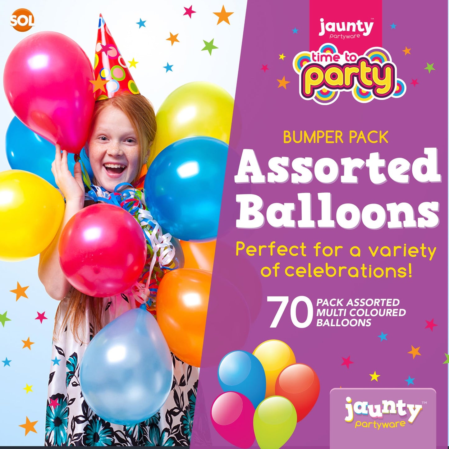 Jaunty partyware 70pk Premium Latex Multicoloured Balloons, 10.5 Inch Size, Assorted Rainbow Balloons for Party, Ideal for Kids' Parties, Adult Celebrations, and Party Bag Fillers Balloon