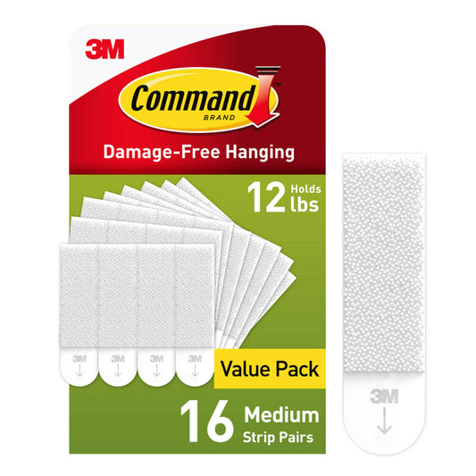 Command PH204-16NA Picture Hanging Strips, Medium, White, Holds up to 12 lbs, 16-Pairs, Easy to Open Packaging Hardware