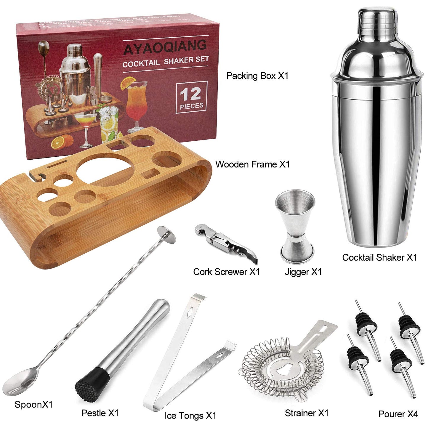 Cocktail Shaker Set,750 ML Stainless Steel Cocktail Mixing Set with Stand,Bartending Kit for Home,Bar,12 Pieces Bar Tool Kit for Christmas,Birthday,Anniversary,Weeding 12 Set