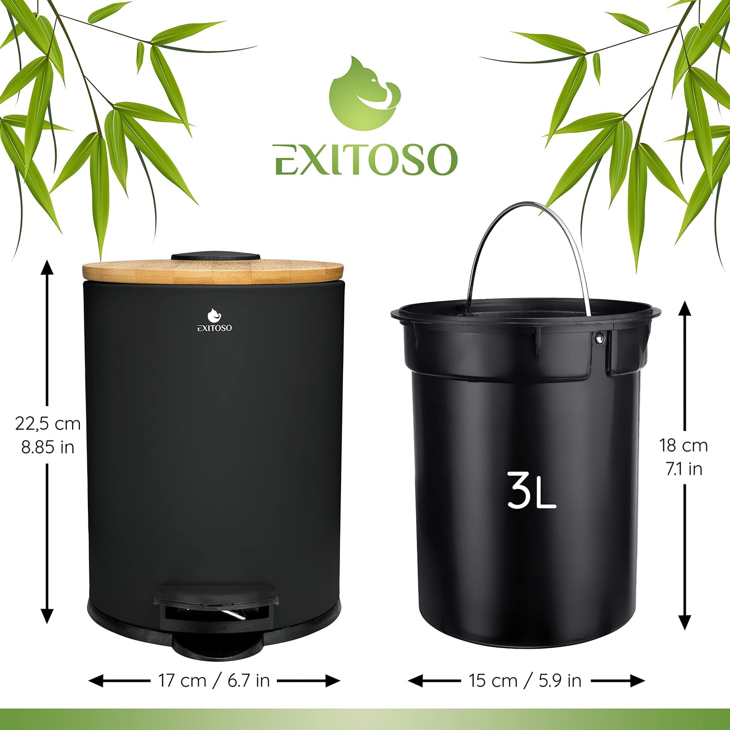 Exitoso 3L Small Bathroom Bin with Lid - Slim Bedroom Bin with Lid - Small Pedal Bin - Small Bin for Bedroom Black Bathroom Bin - Sanitary Bin Bedroom Rubbish Bin Toilet Bin Waste Bin for Bedroom