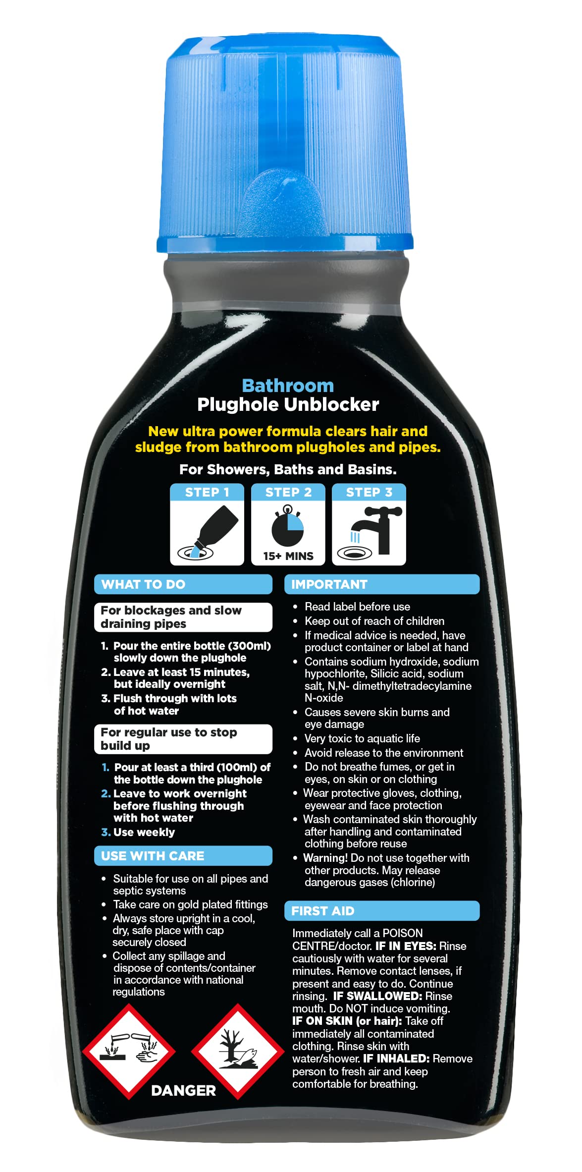 Buster Bathroom Sink Unblocker, 300ml, Pack of 3, Unblock Hair & Sludge from Showers, Baths & Sinks – Fast-Acting Plughole Unclogger, Clears Blockages & Slow-Draining Water