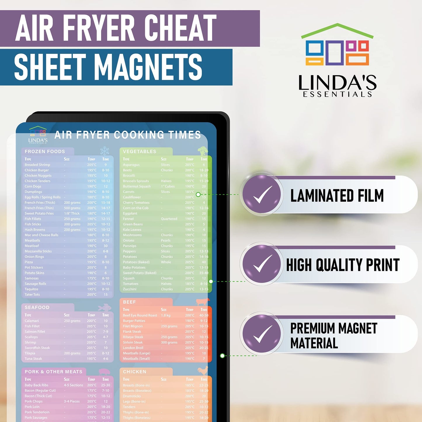 Air Fryer Accessories Magnetic Cheat Sheet Set by Linda’s Essentials - Air Fryer Cooking Times Chart Magnet, Quick Reference Guide For Cooking and Frying, Cooking Times Chart & Kitchen Conversions