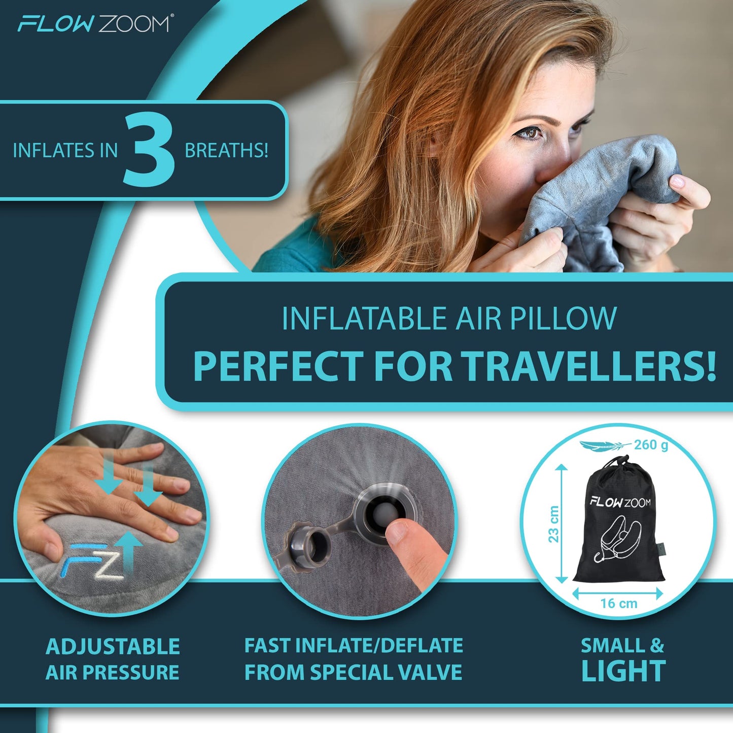 FLOWZOOM AIR Inflatable Travel Pillow for Airplane - Hooded Neck Pillow for Travel - Inflatable Travel Neck Pillow - Plane Pillow - Neck Cushion - Flight Pillow - Travel Neck Pillows for Adults – Grey Grey - Size L