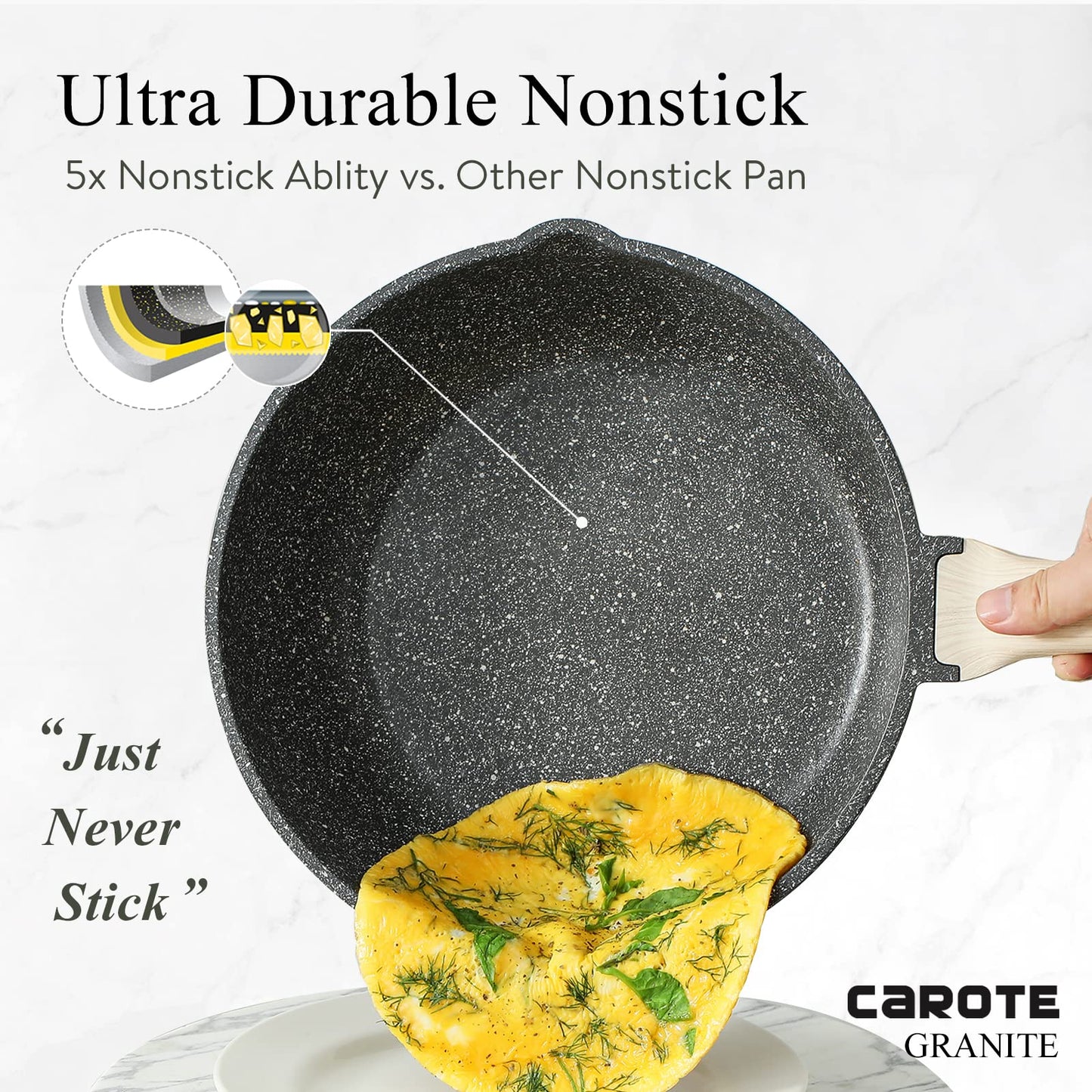 CAROTE Saute Pan with Lid, Non Stick Induction deep Frying pan with Lid for All Hobs, 24cm/2.8 Litre Classic Granite