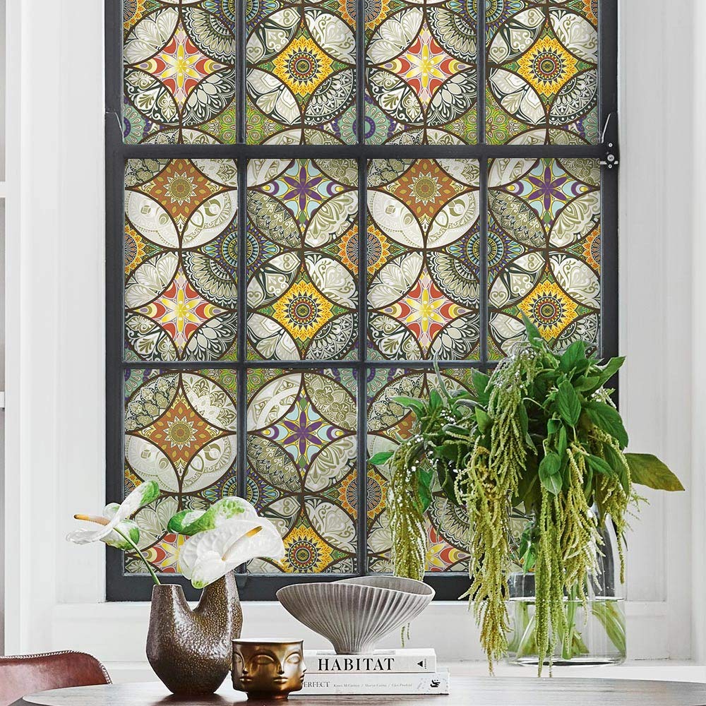 dktie Window Film Vinyl Non Adhesive Privacy Film Stained Glass Window Film for Bathroom Shower Door Heat Cotrol Anti UV 44.5x200cm Yellow