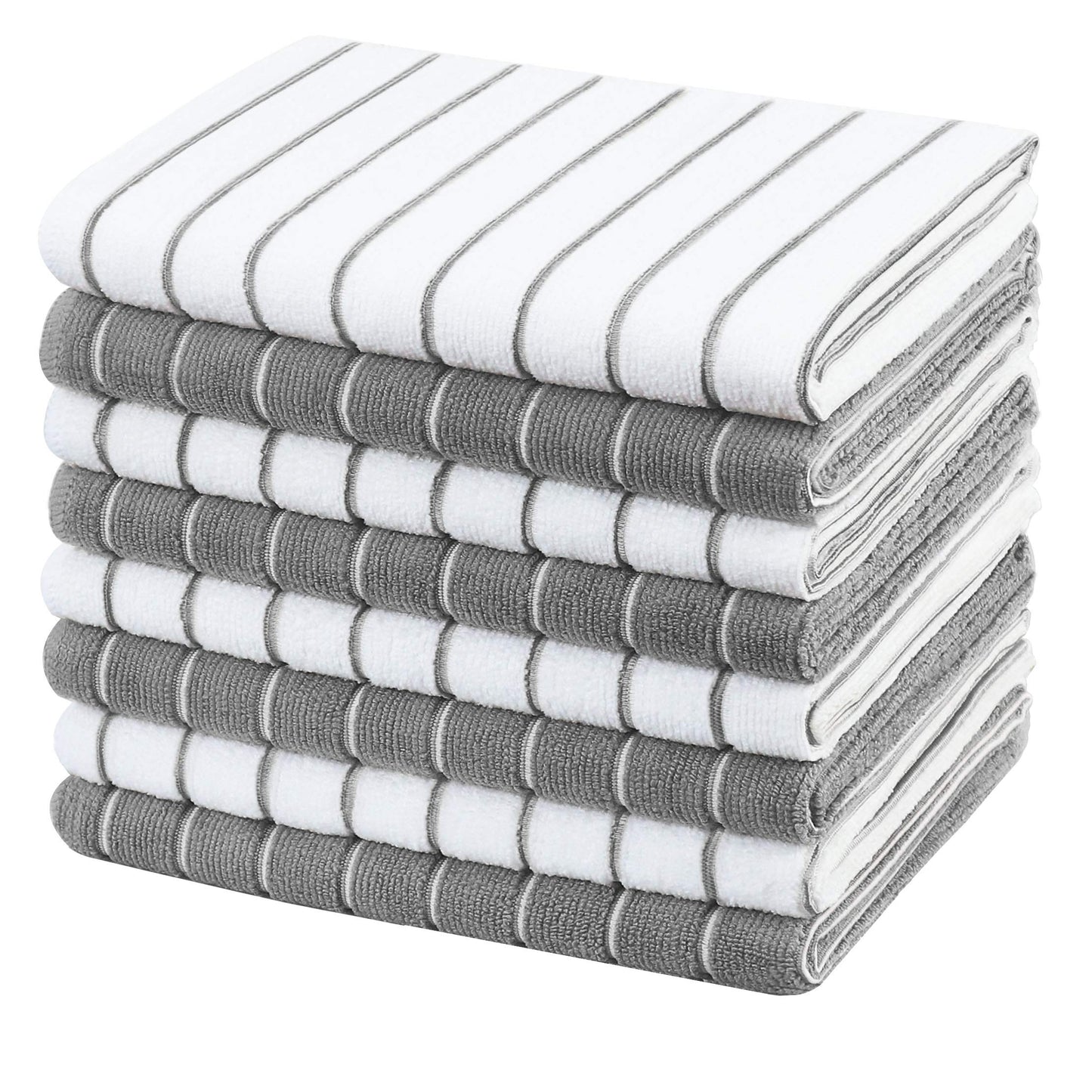 gryeer Microfibre Tea Towels - Pack of 8 (Stripe Designed Grey and White Colours) - Soft, Super Absorbent and Lint Free Kitchen Towels, 45 x 65 cm