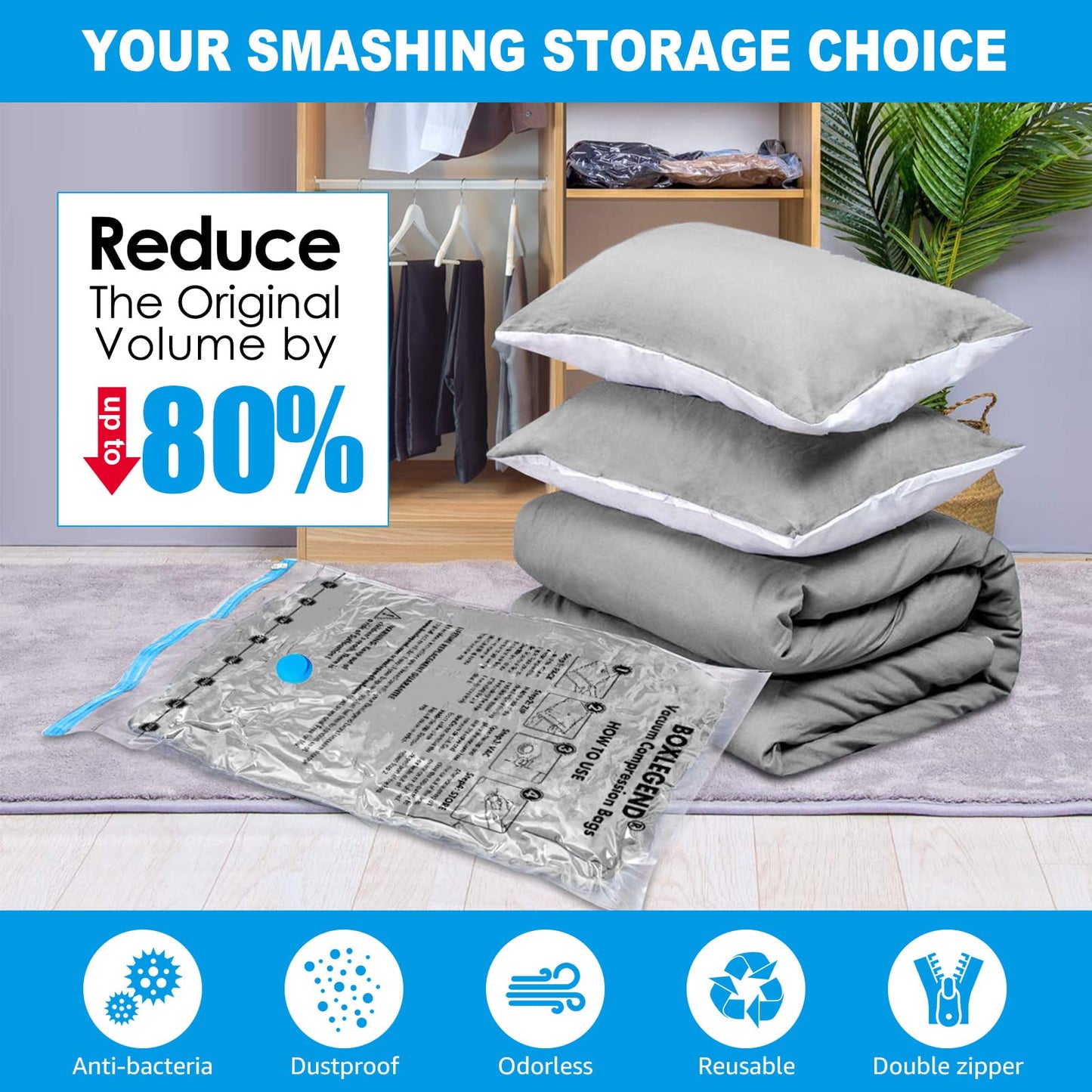 BoxLegend Vacuum Storage Bags 6pcs Space Saving Bags 2 Large 100x80cm + 2 Medium 80x60cm + 2 Small 60x40cm Vacuum Bags Double Zip Seal & Leak Valve Reusable for Clothes Pillow Comforters Bedding 6 Packs (2L + 2M + 2S)