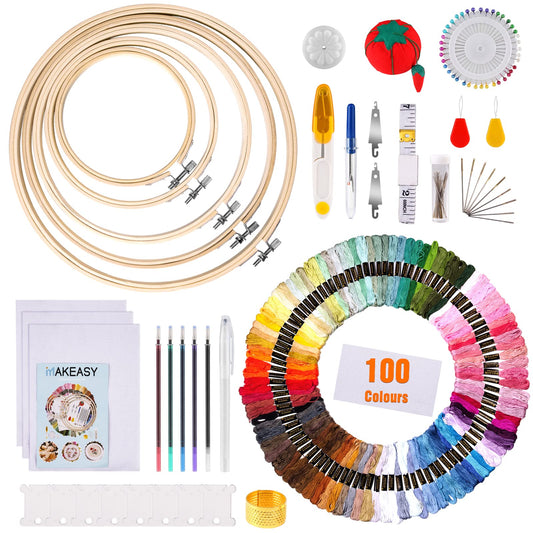 MAKEASY Embroidery Starter Kit 205PCS, Cross Stitch Kits with 100 Colors Embroidery Threads, 3PCS Aida Fabric, 5PCS Bamboo Embroidery Hoops, Instruction for Adults & Kids Beginners 100color