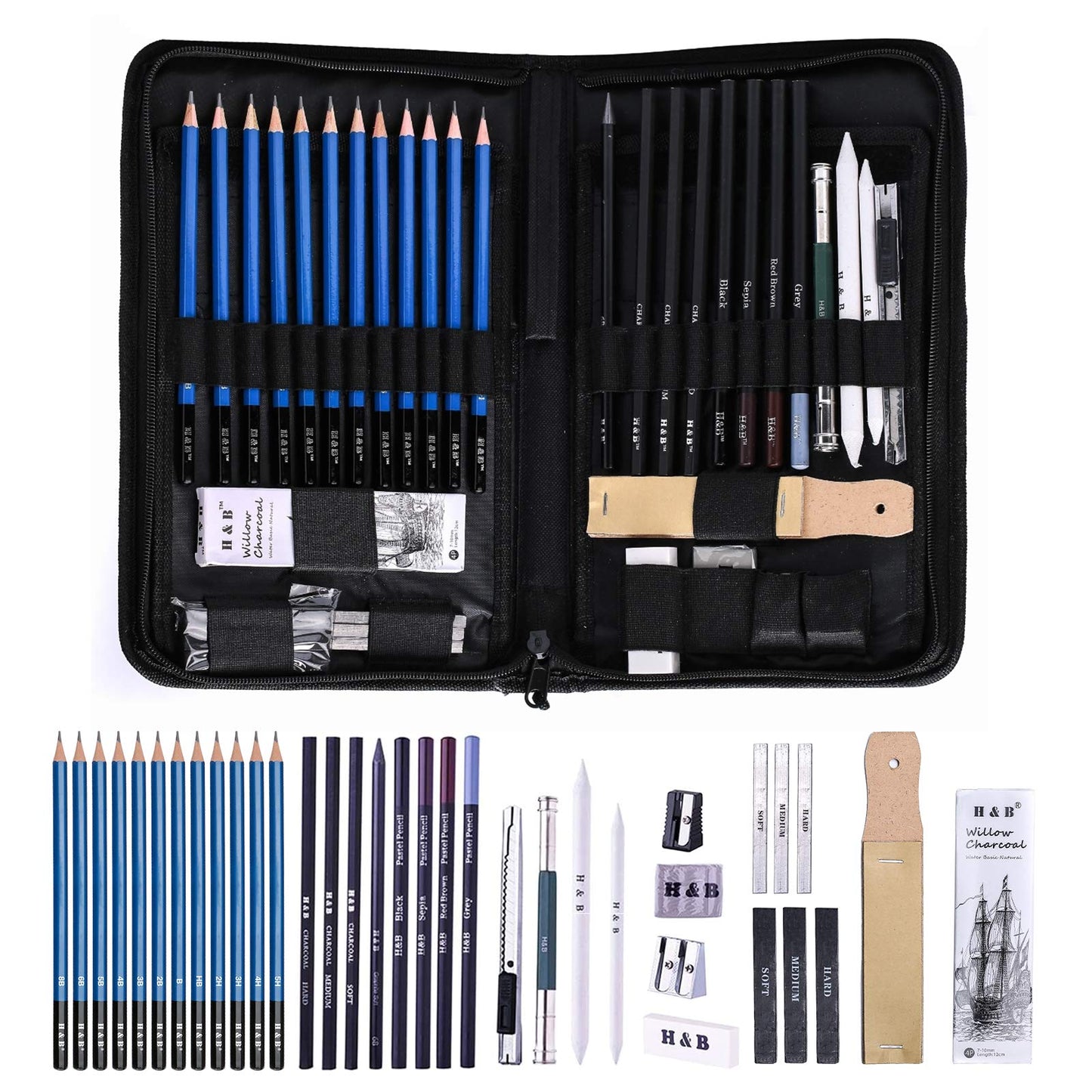 H & B Sketching Pencils Drawing Set,40pcs Art Supplies Artist Sketching Kit with Sketch Draw Pencils Charcoal Pencil Extender Canvas Pencil Bag and More for Artist Beginners Kids Adults 40 Pcs sketch pencils kit