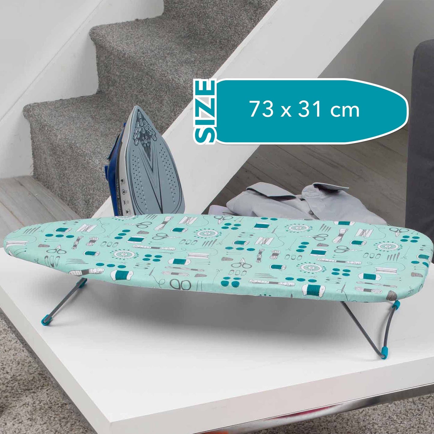 Beldray LA023735SEW Tabletop Ironing Board - Suitable for Left and Right-Handed Users, 73 x 31cm ,100% Cotton Cover, Sew Print, Lightweight, Easily Foldable Legs, Perfect for Travel & Small Spaces