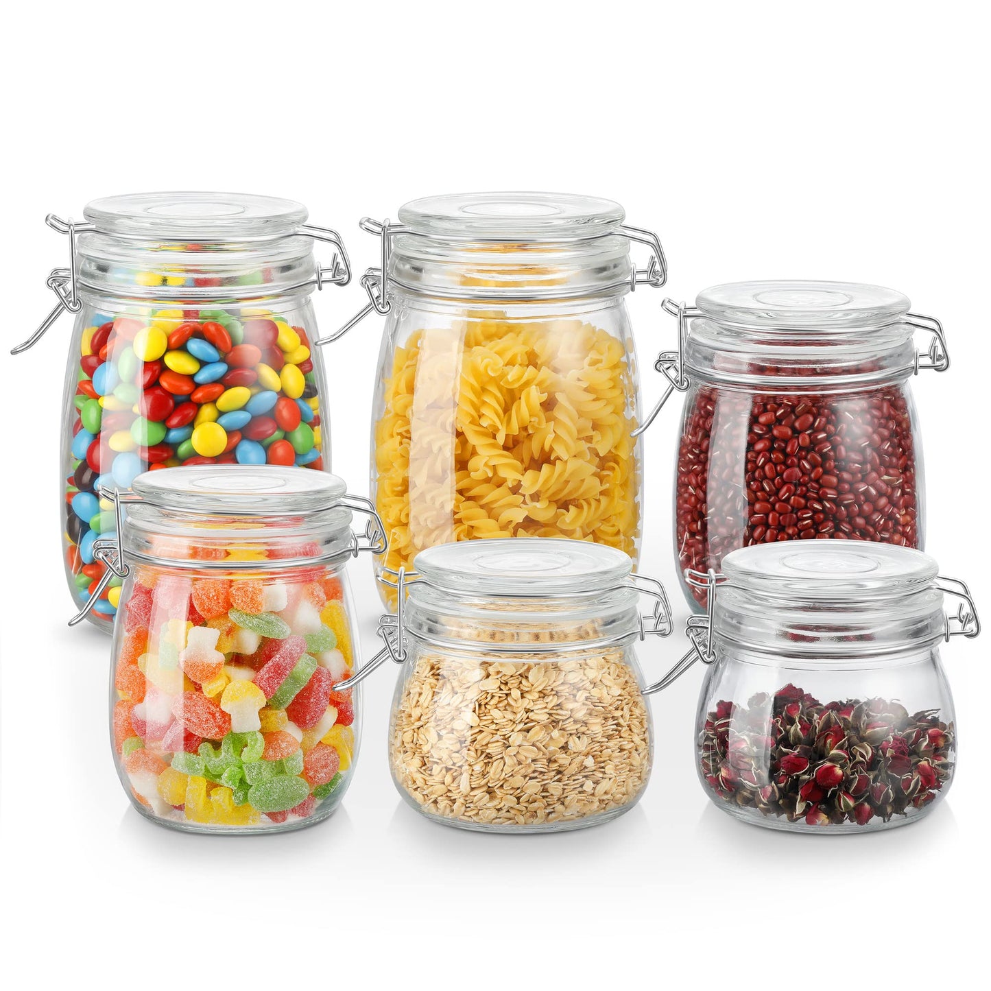 Amisglass Mason Jars Wide Mouth Canning Glass Jars Rubber Seal, with Airtight Lids, Clear Canister for Cereal, Beans, Coffee, Nuts Set of 6 (1100ML*2+1000ML*2+600ML*2) Preserve Container Jars 6 Pieces