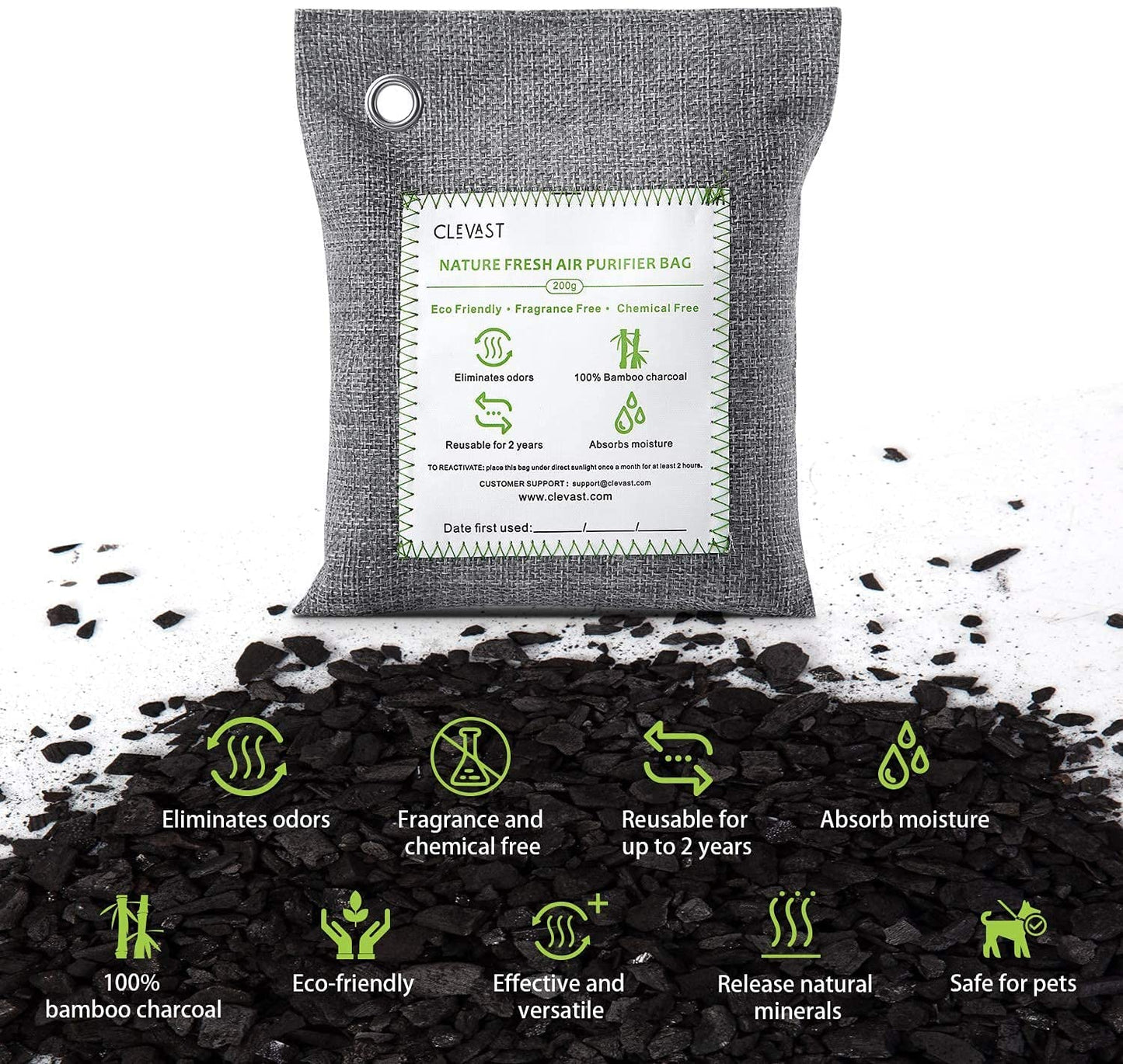 CLEVAST Bamboo Charcoal Air Purifying Bags (Large, 4×200g), Removes Odors and Moisture, Nature Fresh Air Purifier Bags, Odor Eliminator for Home, Car, Pets, Bathroom, Basement 4 Count (Pack of 1)