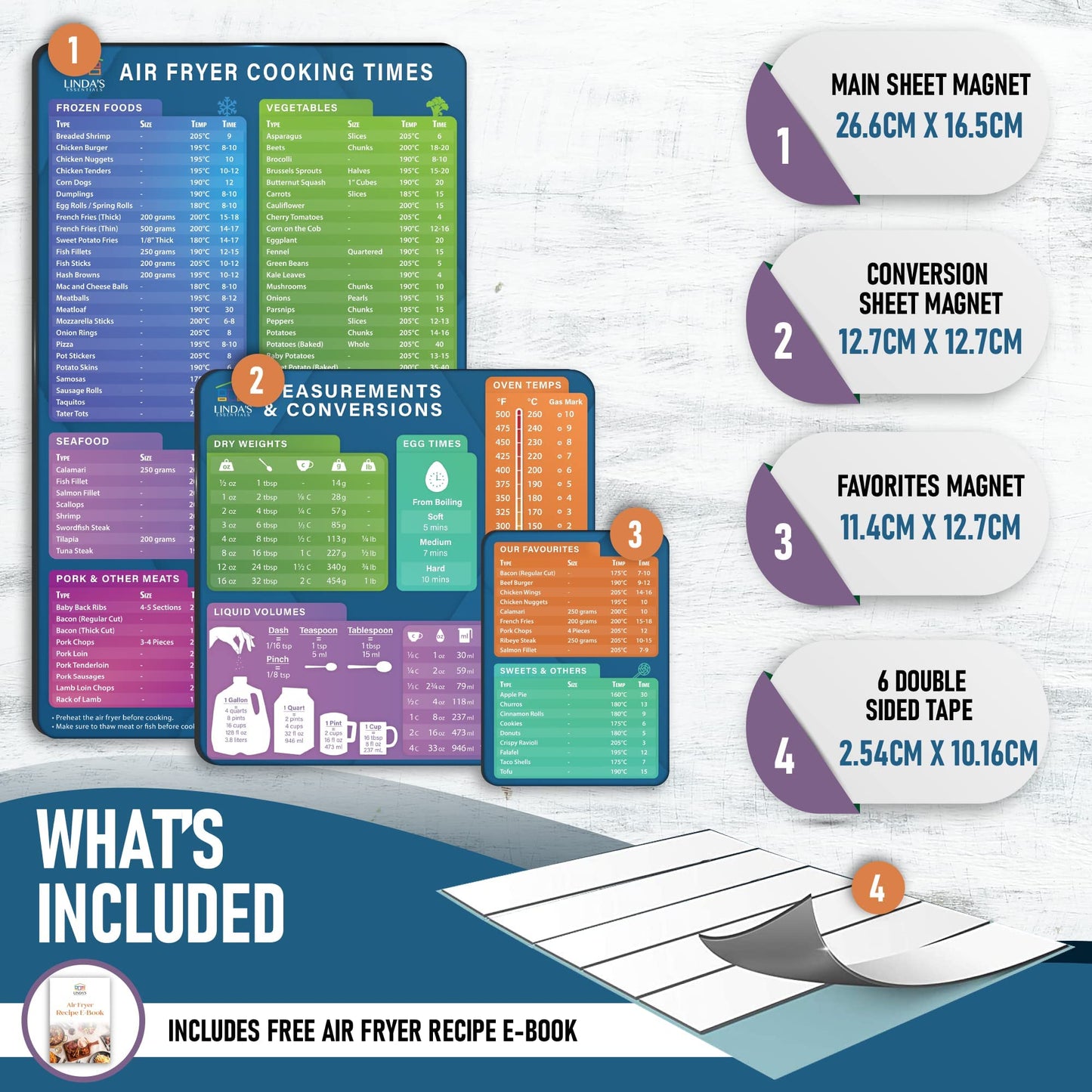 Air Fryer Accessories Magnetic Cheat Sheet Set by Linda’s Essentials - Air Fryer Cooking Times Chart Magnet, Quick Reference Guide For Cooking and Frying, Cooking Times Chart & Kitchen Conversions