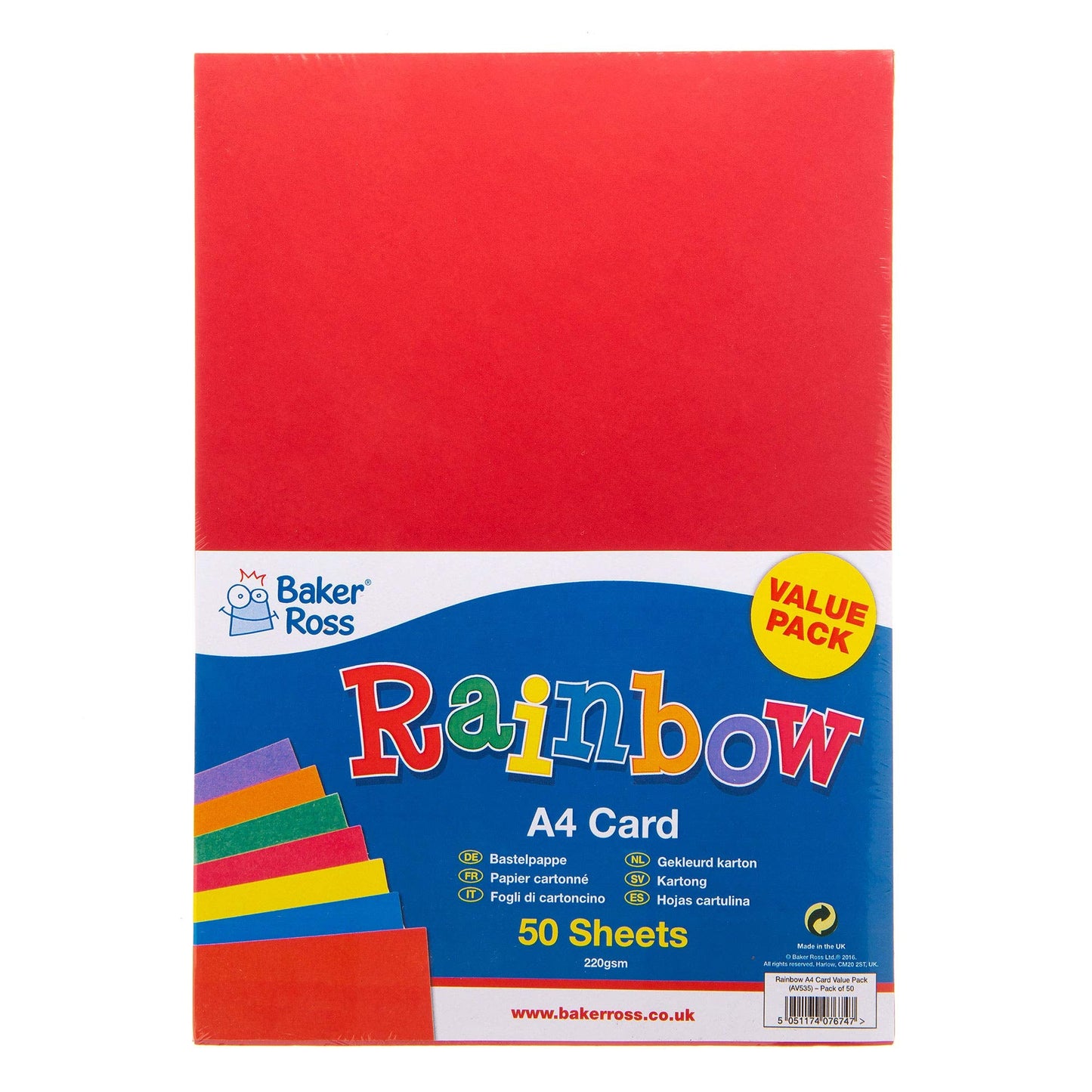 Baker Ross AV535 A4 Rainbow Coloured Card (220gsm), Perfect for Children's Art & Craft Activities, Collages, Model Making and More (Pack of 50), Assorted