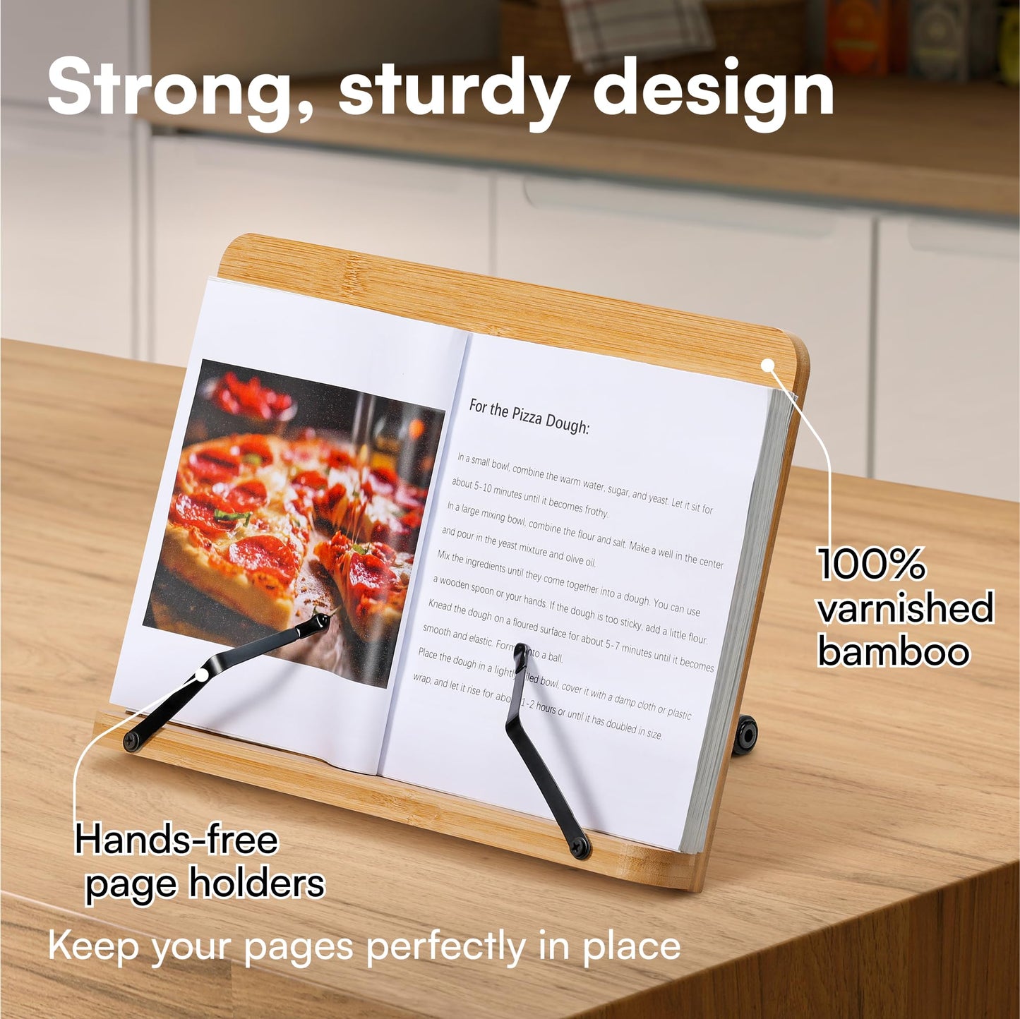 H&S Book Stand Bamboo Recipe Cookbook Holder Stand Kitchen Adjustable Bookrest Reading Rest