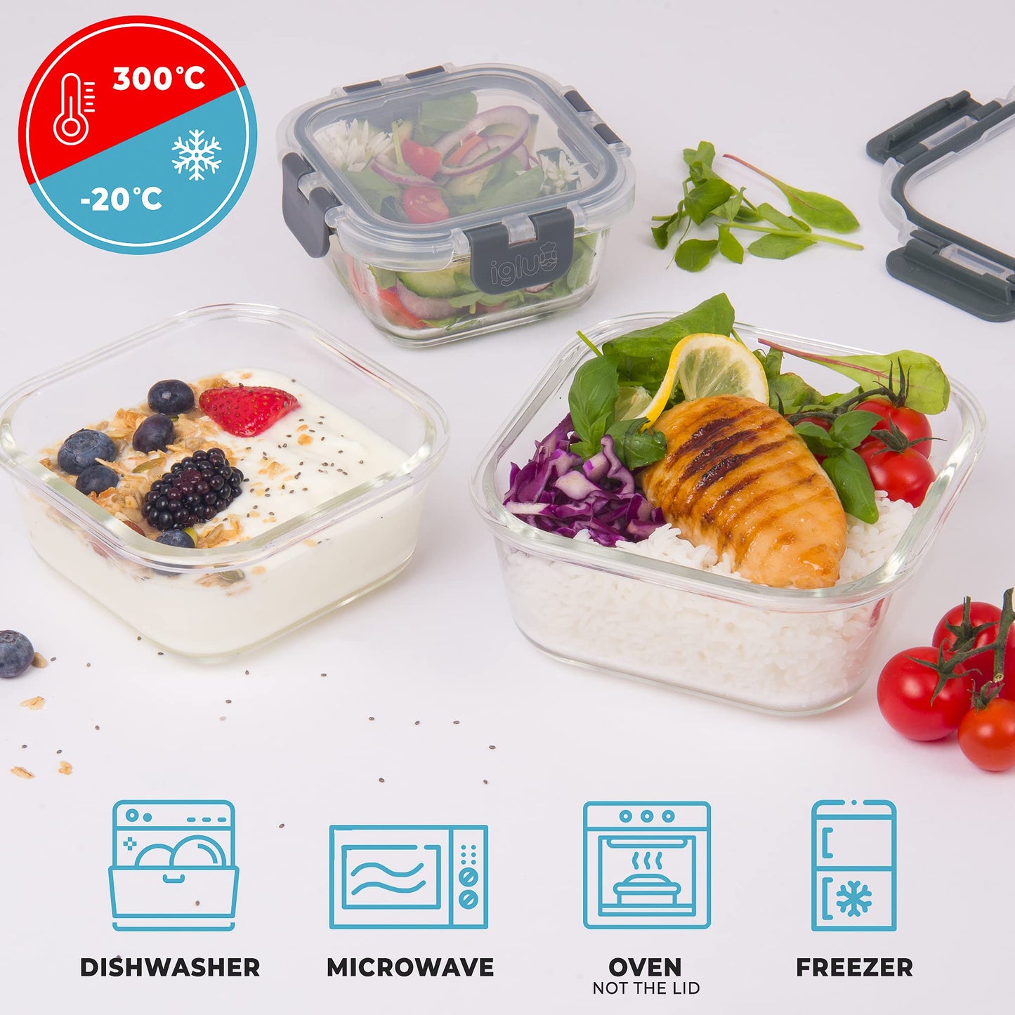 Igluu Meal Prep - Glass Stackable Square Containers (3 Pack) – BPA-Free Lunch Box Food Storage Set. Innovated Leak Proof Hinged Airtight Lids. Microwave, Oven & Dishwasher-Safe (800ml, 520ml, 320ml)