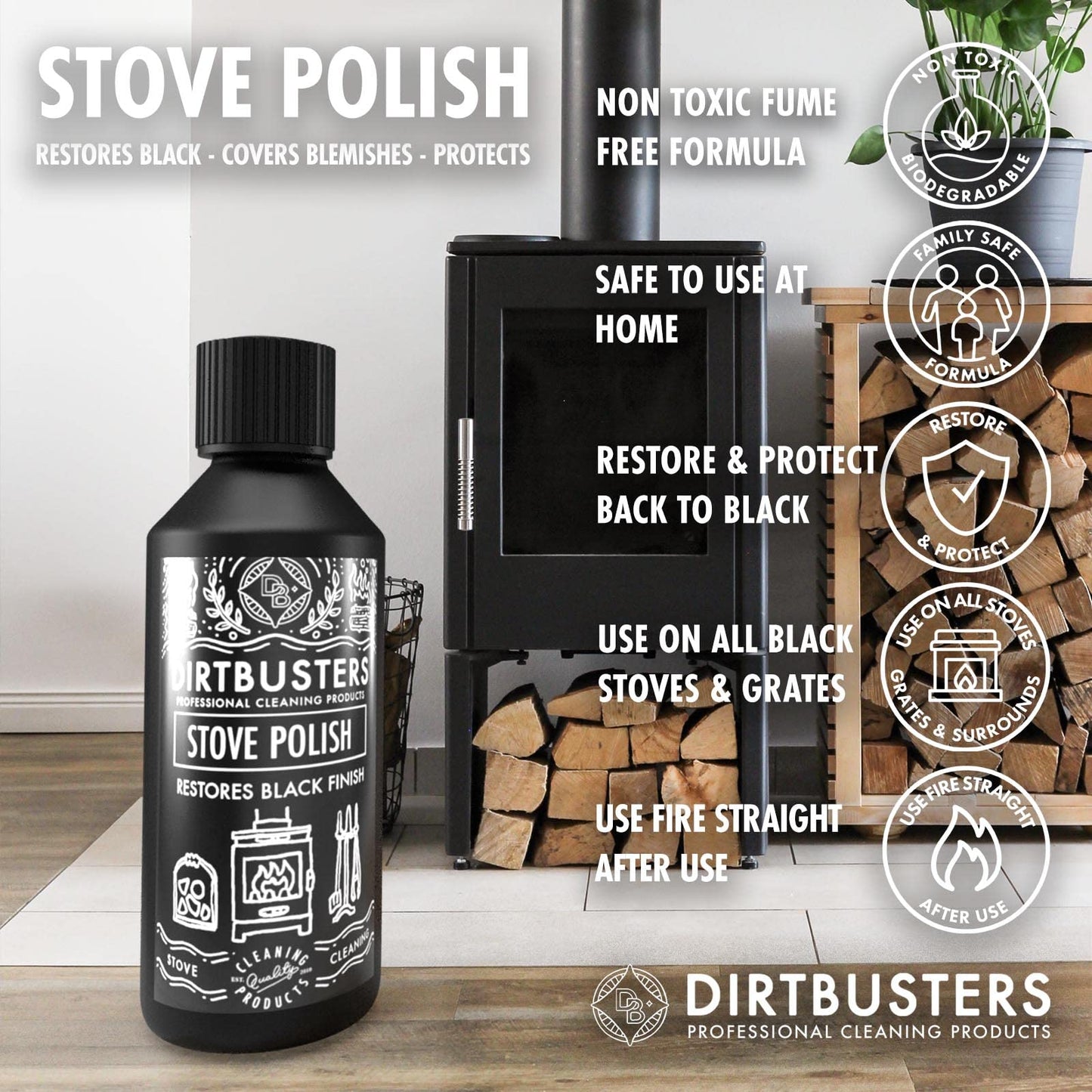 Dirtbusters Stove Polish for Log Burners & Grates Restore to Black, Non Toxic Alternative to Stove Paint (250ml) 1