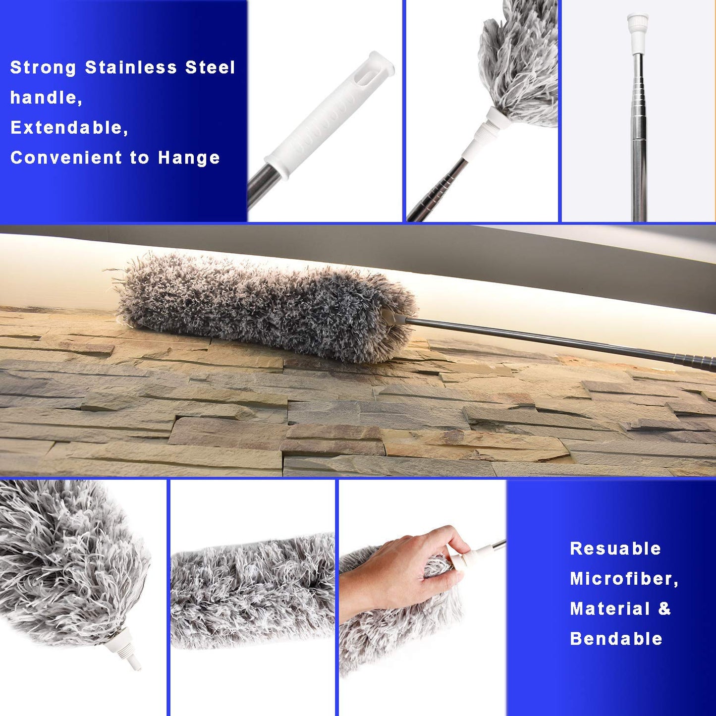 Extendable Microfiber with Extra Long 100 inches Telescopic Pole, Feather Duster with Bendable Head, Hand Duster for Cleaning High Ceiling Fans, Blinds, Cobweb, Cars