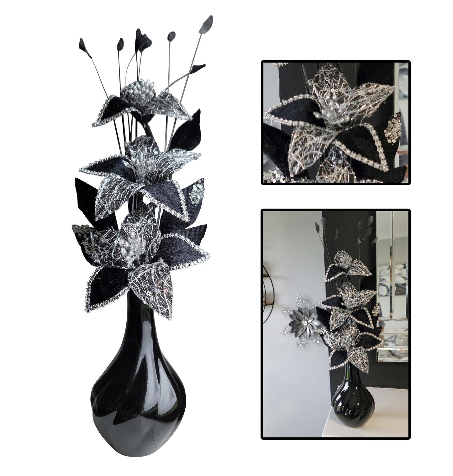 Flourish Vase with Artificial Flowers - Black and Silver, Pre-Arranged - Perfect for Home Decor and Living Room Decoration, Bedroom or Bathroom Ornament