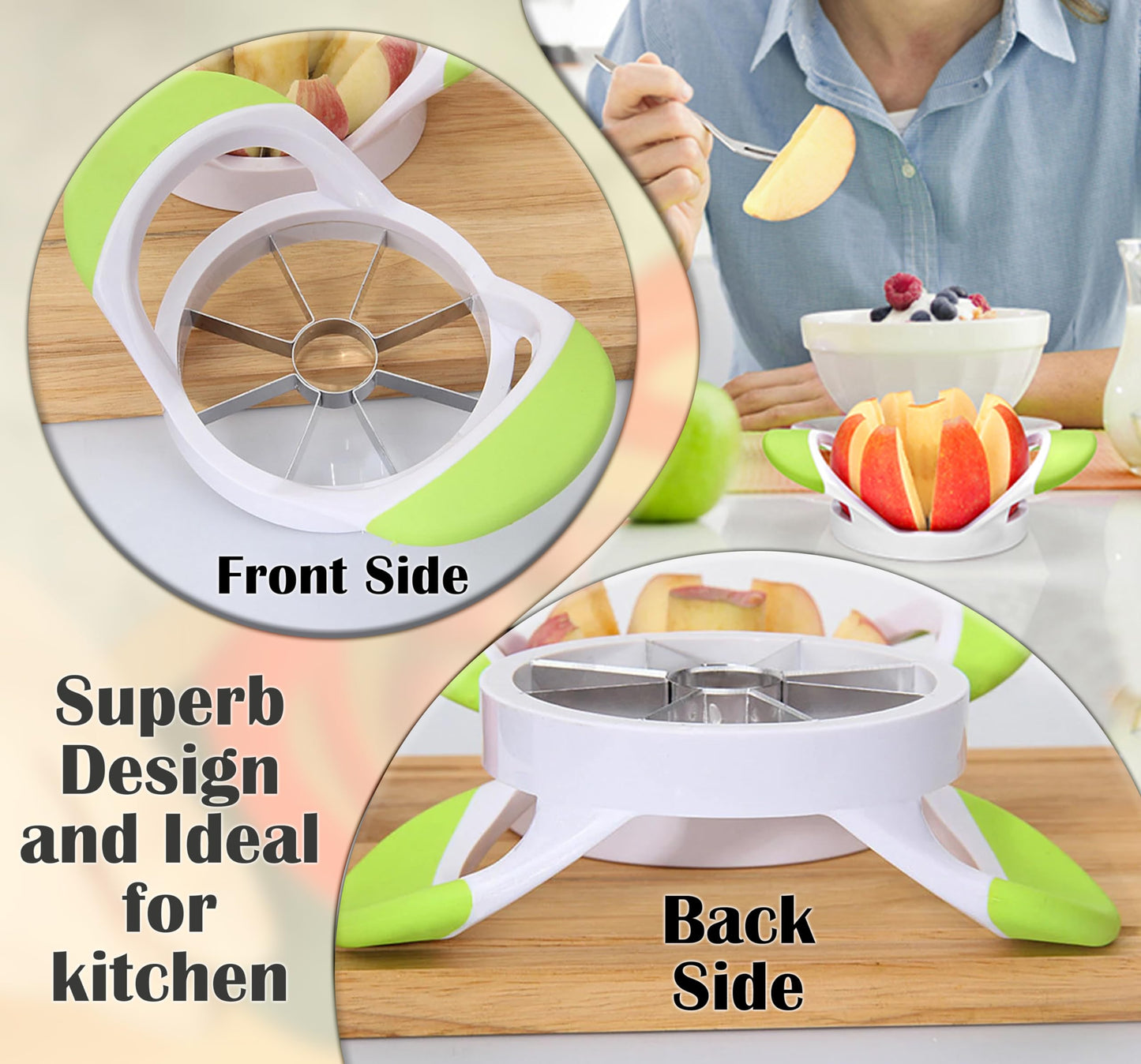 ARSUK Apple Slicer - 3 in 1 Corer Cutter and Peeler with 8 Stainless Steel Blade - Core Remover Tool & Press Machine - Fruit Cut Decore Cutters Corers Slices Green