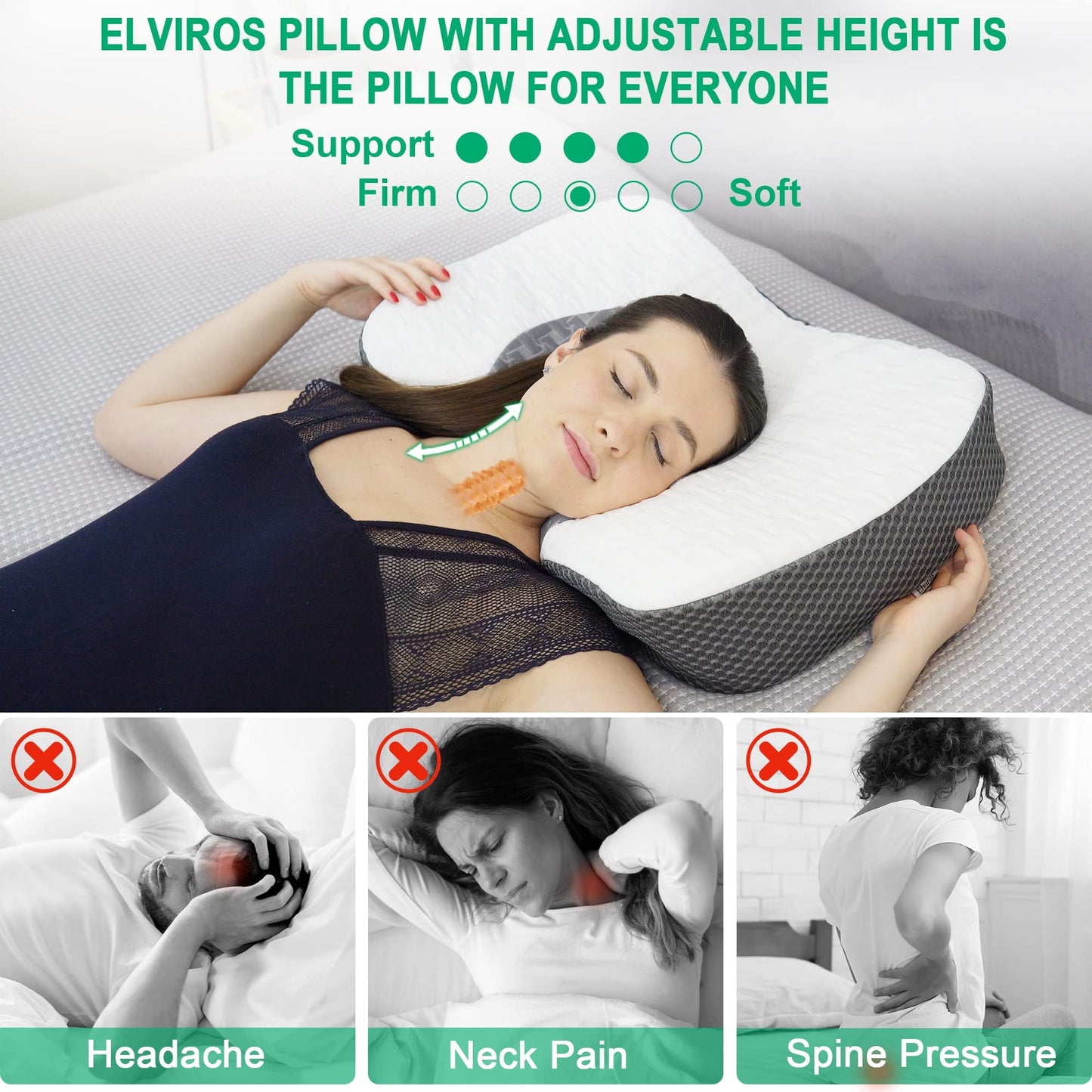 Elviros Cervical Memory Foam Neck Pillow for Side Sleeping, Contour Orthopedic Pillows for Back and Stomach Sleepers, Adjustable Ergonomic Bed Pillow Pain Relief (Dark Grey) Dark Grey Queen Size 23.6*15.2*3.9/5.3 inches