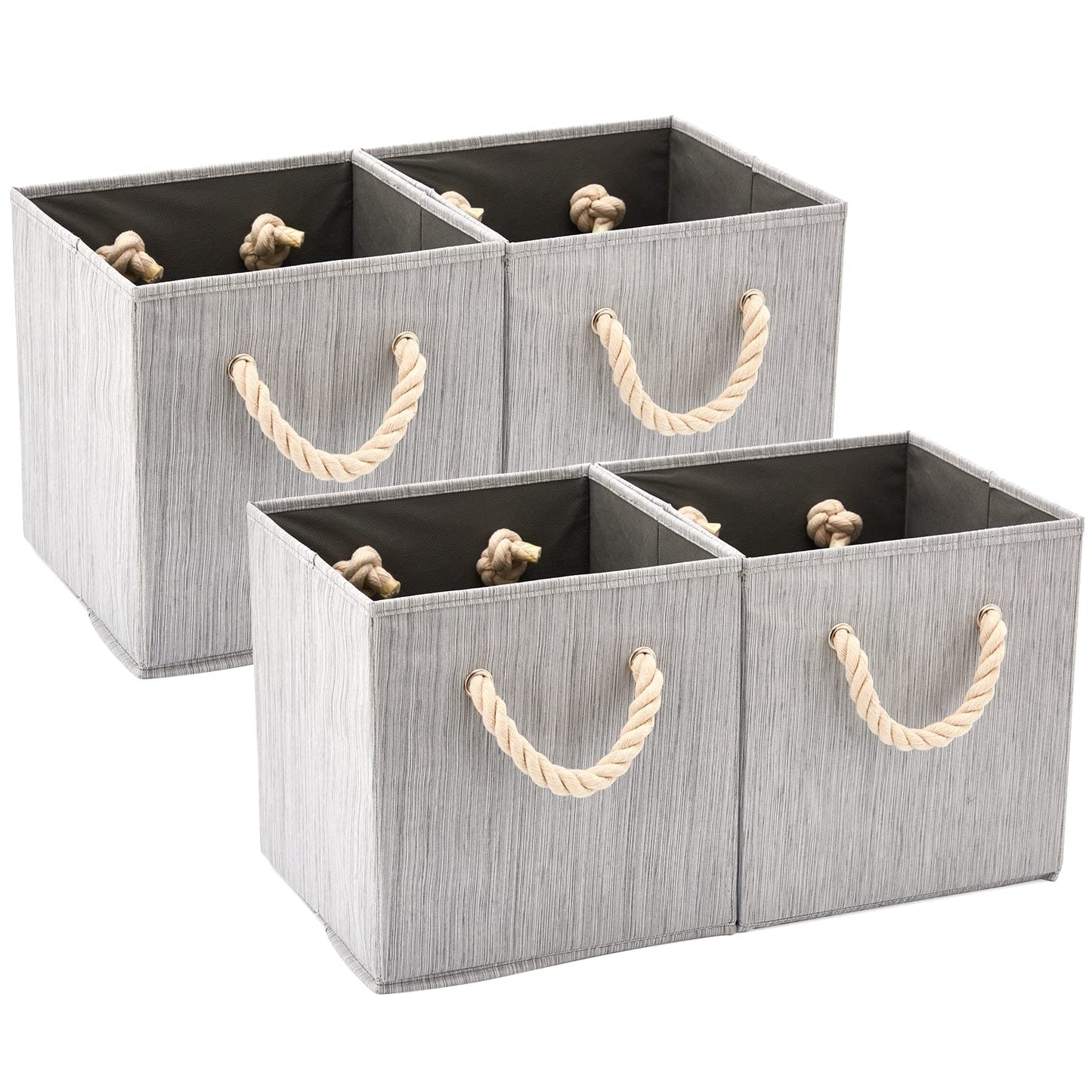 EZOWare Set of 4 Fabric Bamboo Fabric Storage Basket Bins with Cotton Rope Handle, Foldable Organiser Cube Boxes for Nursery Baby Kids Room Toys Home Shelving – 28x28x28 cm/Bamboo Gray Bamboo Gray