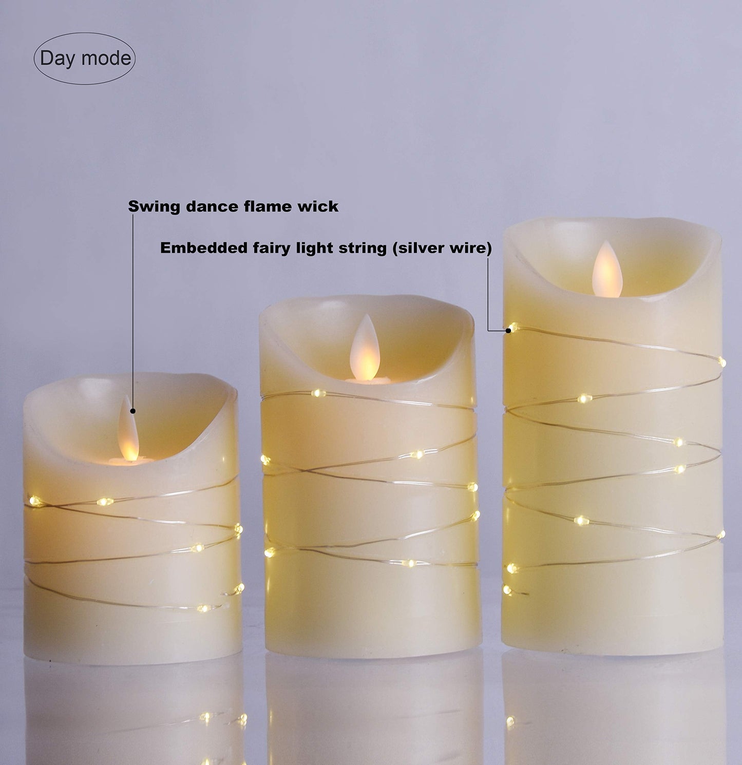 flameless Candle, with Embedded Fairy String Lights, 3-Piece LED Candle, with 10-Key Remote Control, 24-Hour Timer Function, Dancing Flame, Real Wax, Battery-Powered. (Ivory White) 3 X3String Lights