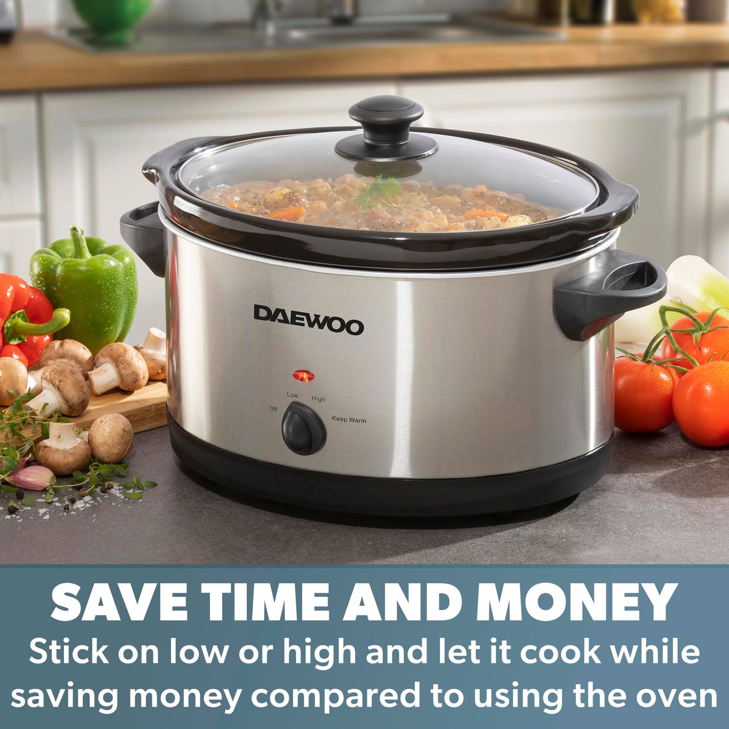 Daewoo SDA1788 6.5L Slow Cooker | Stainless Steel | 3 Heat Settings | Dishwasher Safe Pot & Lid | Power Indicator | Useful Carry Handles | Raised Feet | Manual Temperature Control | 300W, Grey