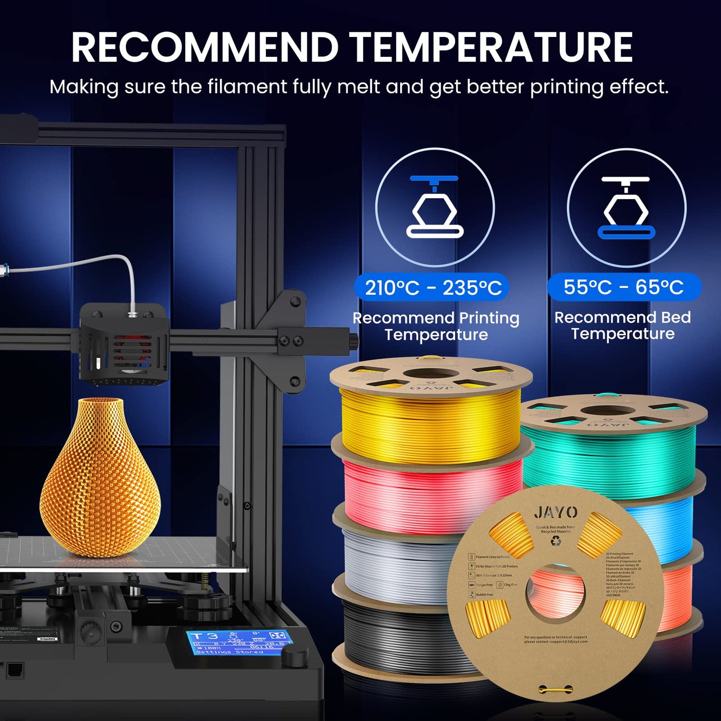 JAYO PLA Silk Filament 1.75mm, Shiny PLA 3D Printer Filament, 1.1kg Spool, Dimensional Accuracy +/- 0.02, Silk PLA Silver 1.1kg Silver