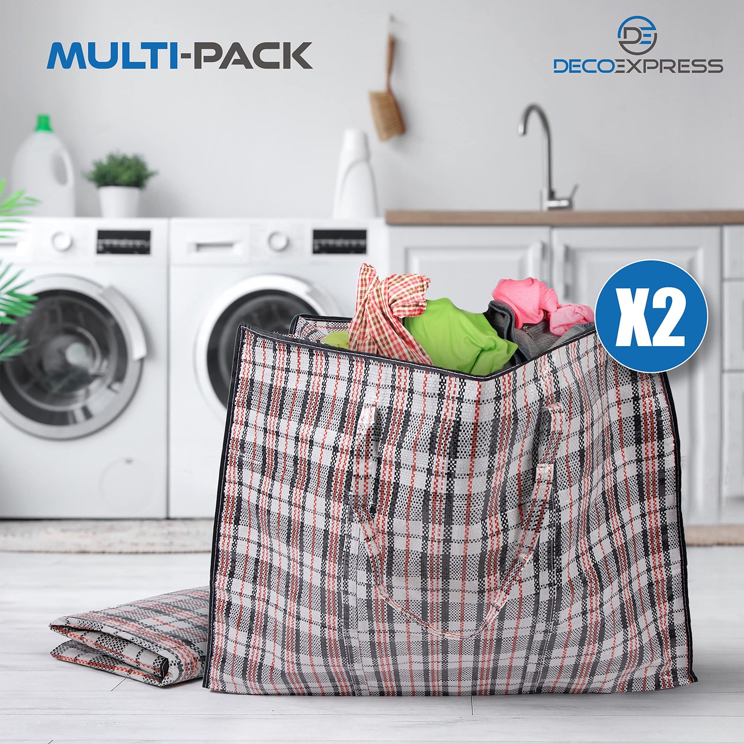 DECO EXPRESS Laundry Bags Large - Strong Durable Storage Bags for Moving House Shopping and Laundry - Jumbo Reusable Zip Bag Storage Bags XXL Multipack (Pack of 2) Pack of 2