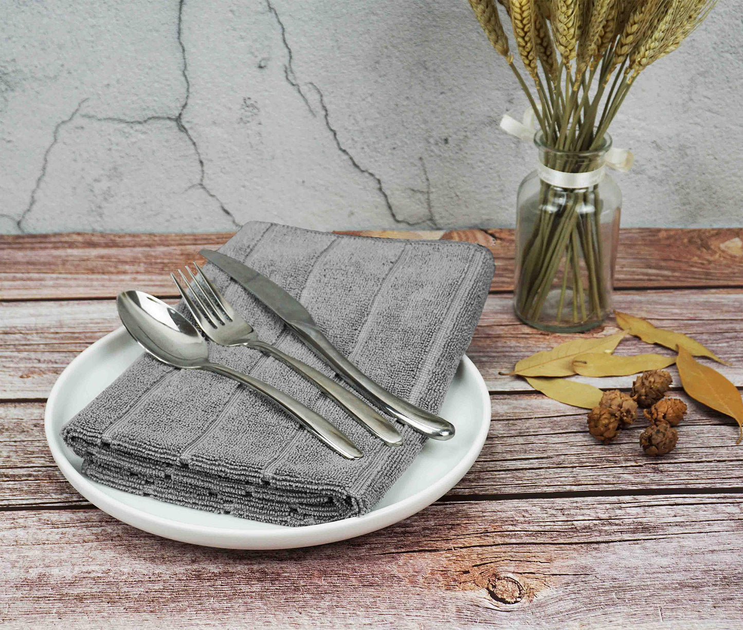 gryeer Microfibre Tea Towels, Super Absorbent, Extra Large and Thick Kitchen Towels, Stripe Designed, 50 x 70 cm, Pack of 8, Grey