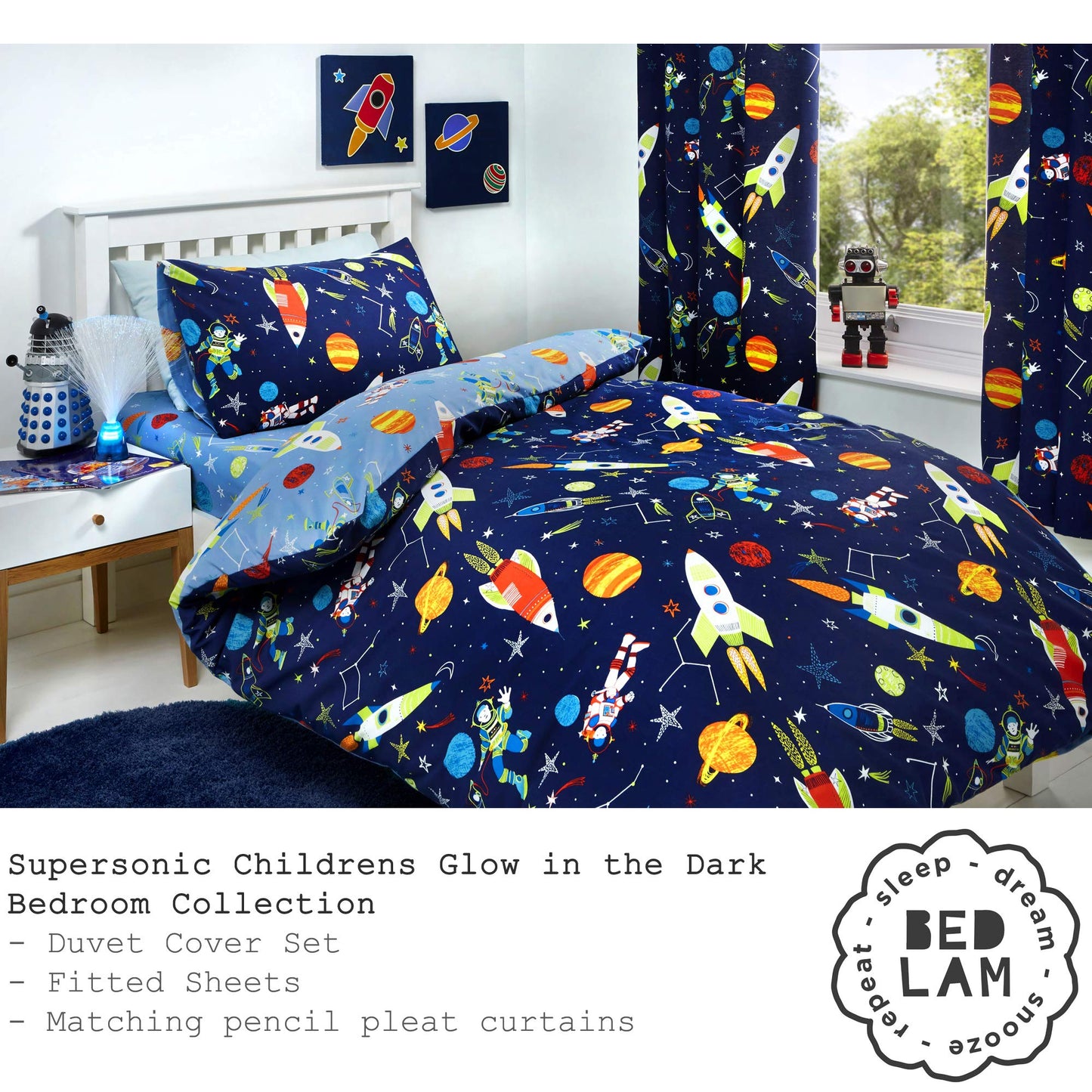 Bedlam - Supersonic - Glow In The Dark Duvet Cover Set, Blue Bedding, Single Bed Size Duvet Cover Set: Single