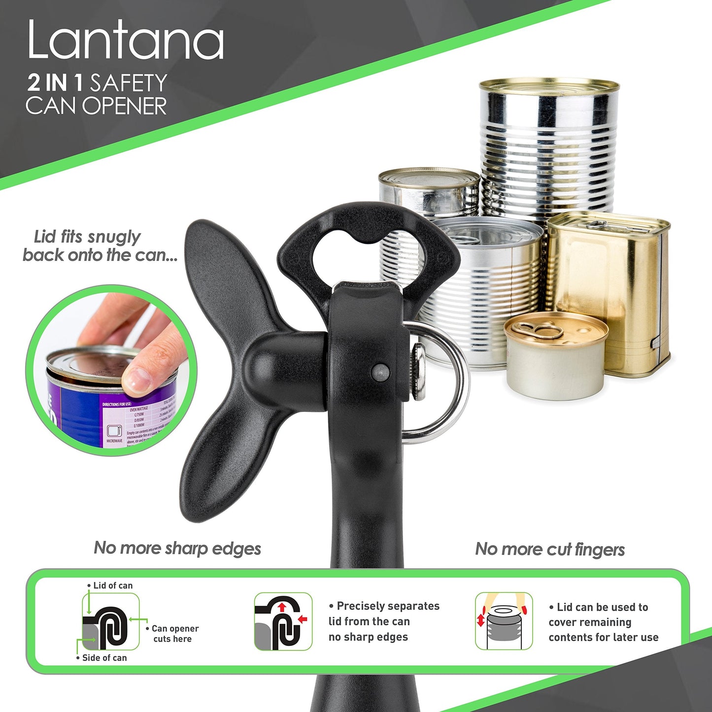 Lantana 2 in 1 Safety/Smooth Edge Tin Can Opener & Bottle Opener - Black/Stainless Steel