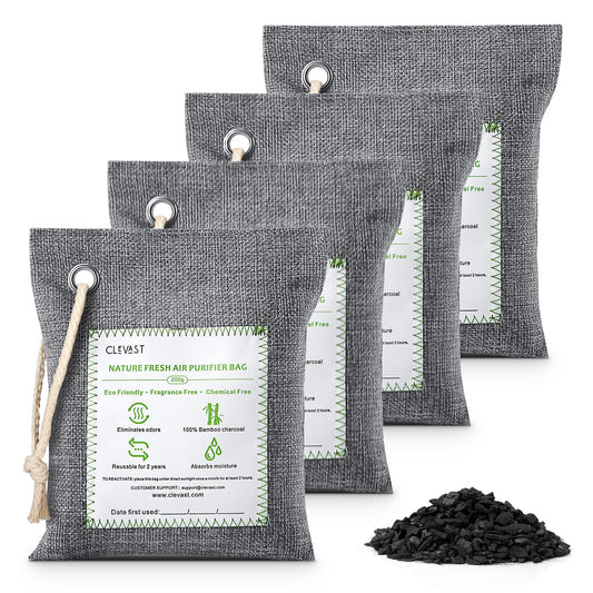 CLEVAST Bamboo Charcoal Air Purifying Bags (Large, 4×200g), Removes Odors and Moisture, Nature Fresh Air Purifier Bags, Odor Eliminator for Home, Car, Pets, Bathroom, Basement 4 Count (Pack of 1)