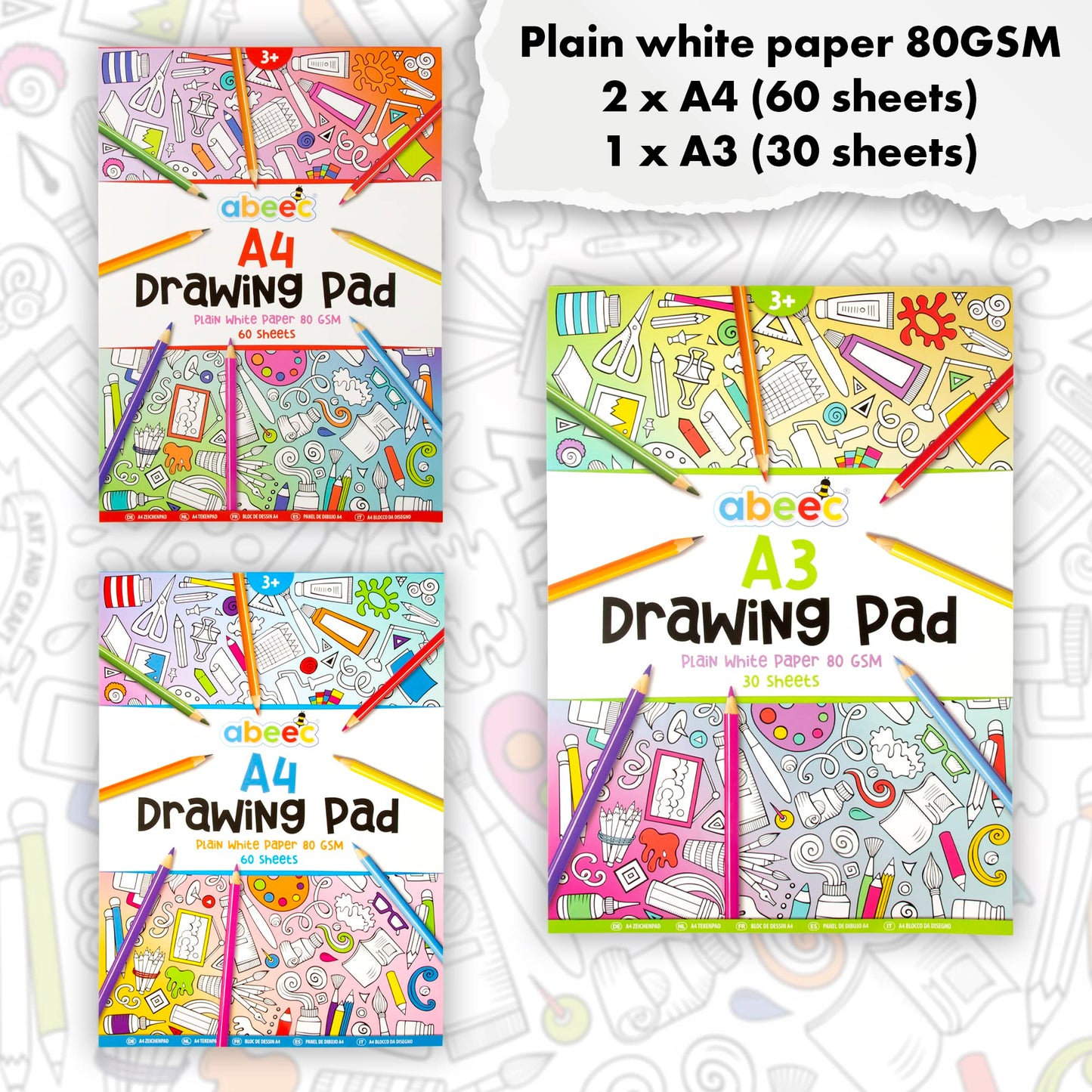 abeec 3 Drawing Pads for Children - (3 Pack) Includes 2 x A4 Plain Sketch Pads and 1 x A3 Plain Sketch Book - 150 Sheets in Total of Drawing Paper Perfect for Arts and Craft Activities