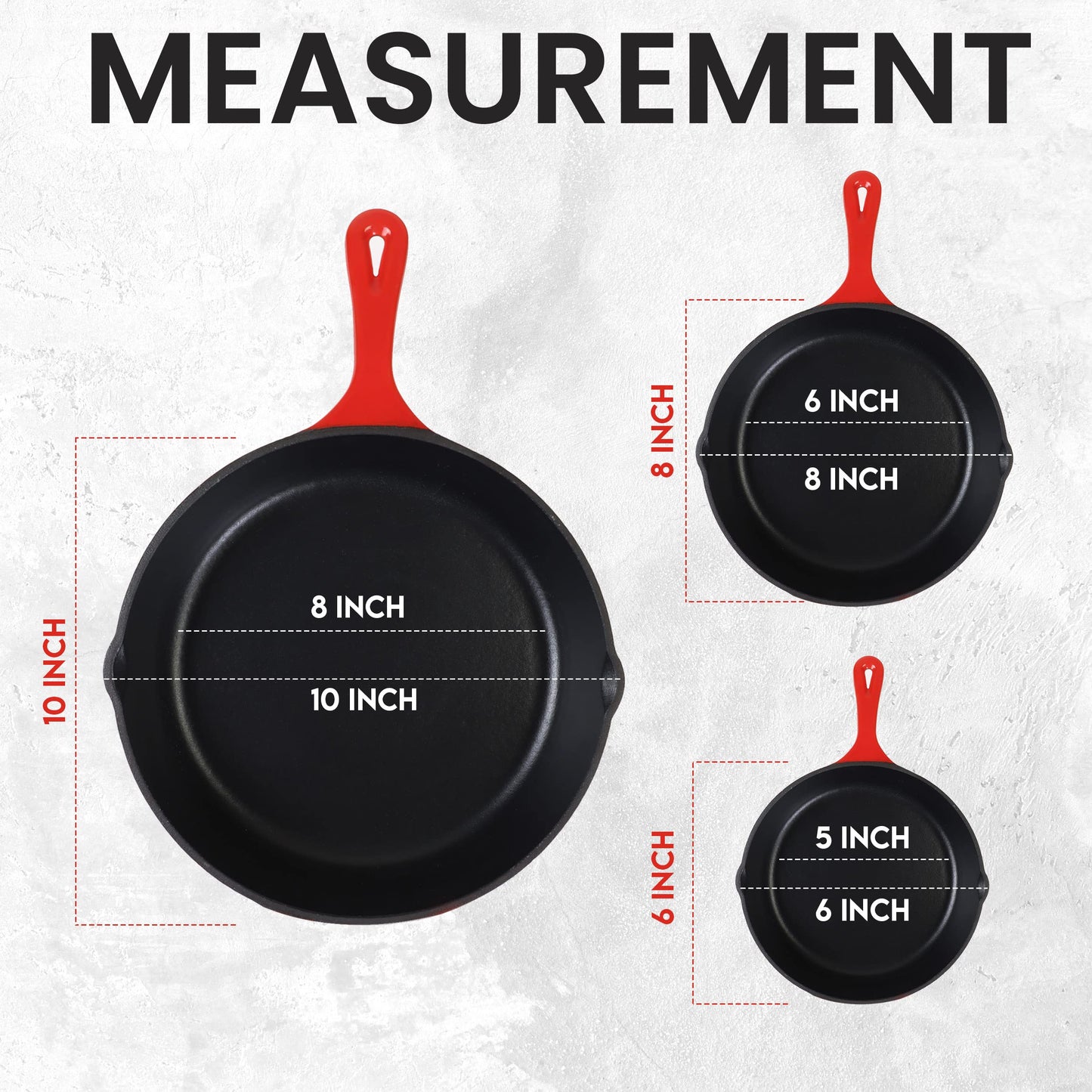 KICHLY 3 Pcs Cast Iron Cookware Set 10 Inch - 25 cm, 8 Inch - 20 cm and 6 Inch - 15 cm Pre-Seasoned Skillet Frying Pans for Indoor and Outdoor – Safe Grill Skillet Pan Set (Red) Red