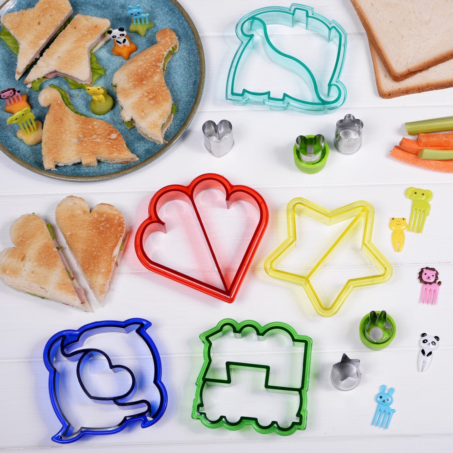 GET FRESH Sandwich Cutters for Kids – Childrens Cutters Set with 5 Sandwich Shapes/Cookie Cutters/Bread Cutters – Comes with 5 Vegetable Cutters and Bonus 10 Bento Decorations and 10 Scratch-off cards 30-pcs Set