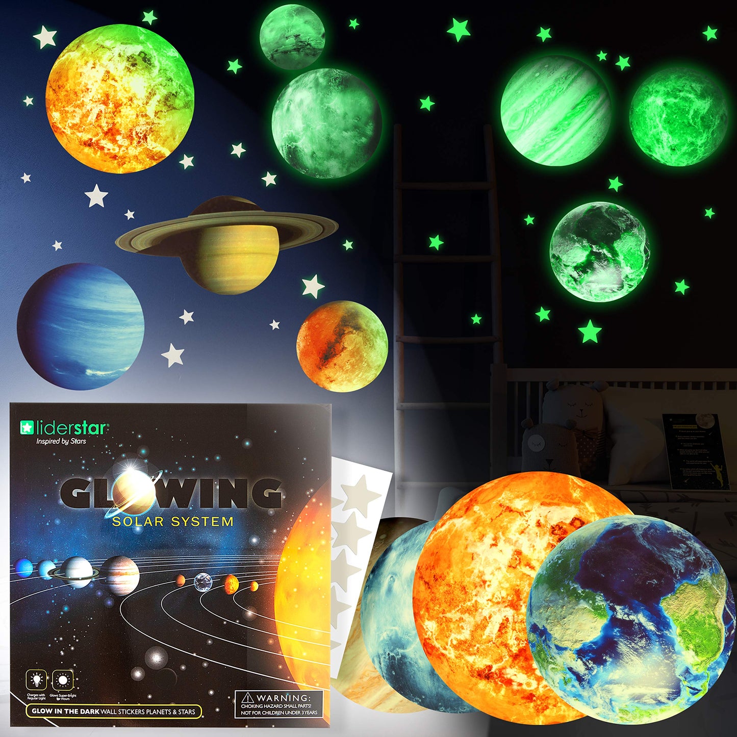 Glow in The Dark Stars and Planets, Bright Solar System Wall Stickers - Glowing Ceiling Decals for Kids Bedroom or Any Room, Shining Space Decoration,Birthday Gift for Boys and Girls