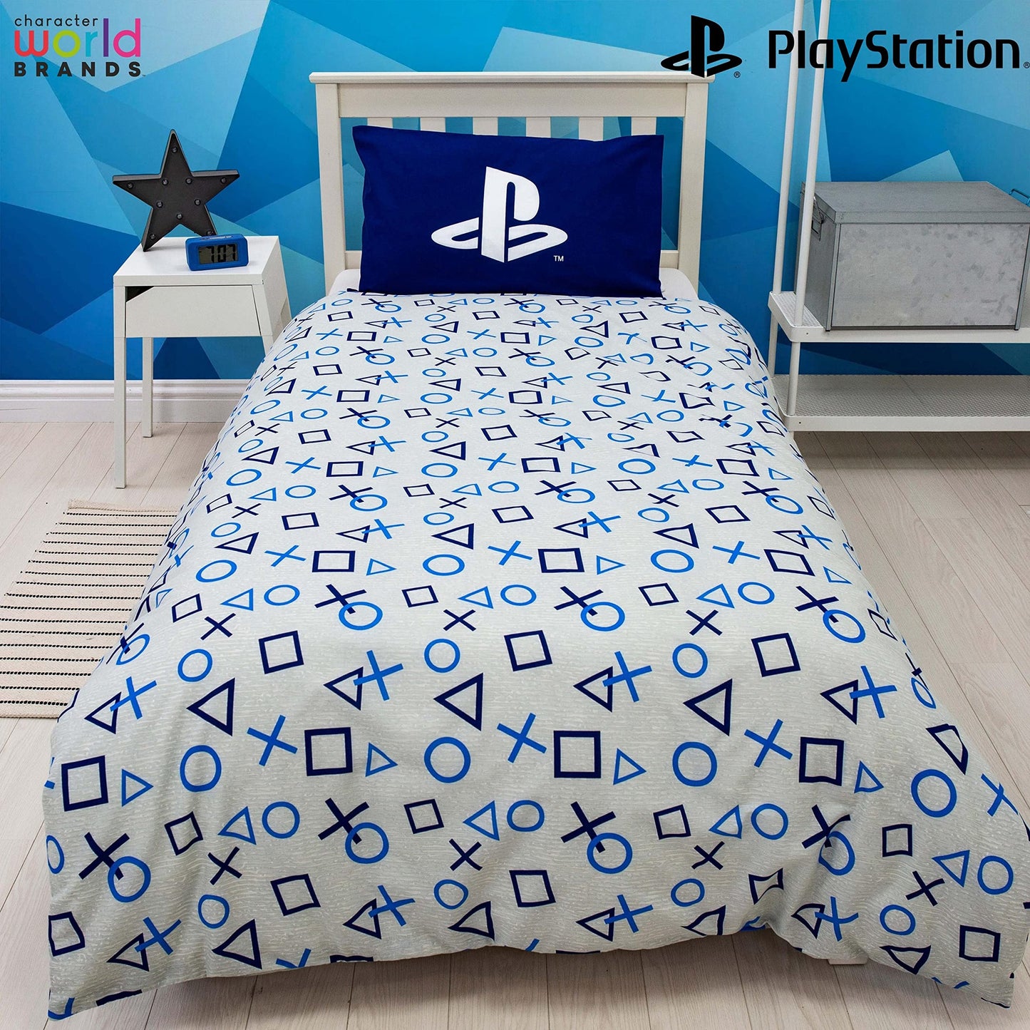 Character World Playstation Blue Single Duvet Cover Officially Licensed Sony Playstation Reversible Two Sided Gaming Bedding Design with Matching Pillowcase, Polycotton, Blue, PYSBLEDS001UK1