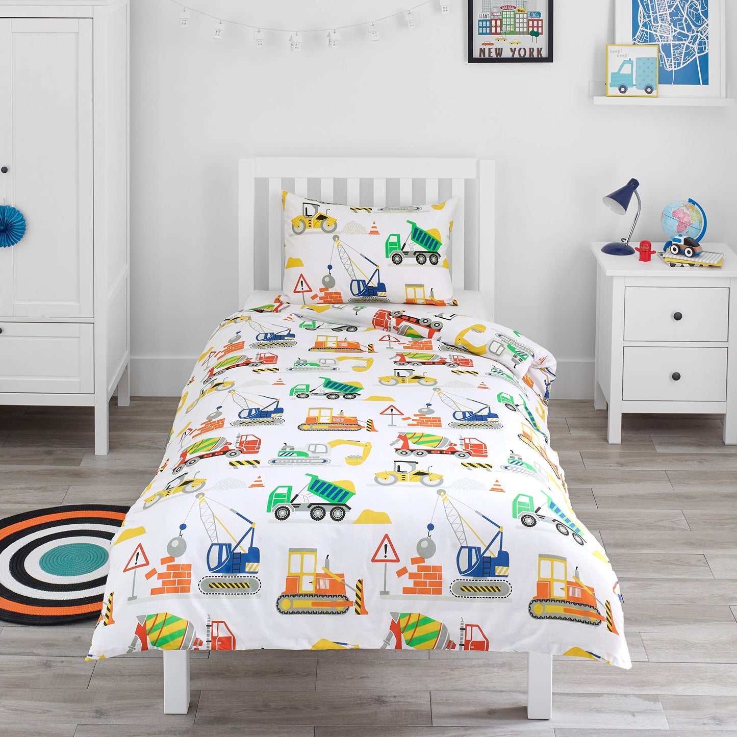 Bloomsbury Mill - Construction Vehicles - Trucks, Diggers & Cranes - Kids Bedding Set - Junior/Toddler/Cot Bed Duvet Cover & Pillowcase Cotbed Duvet Set