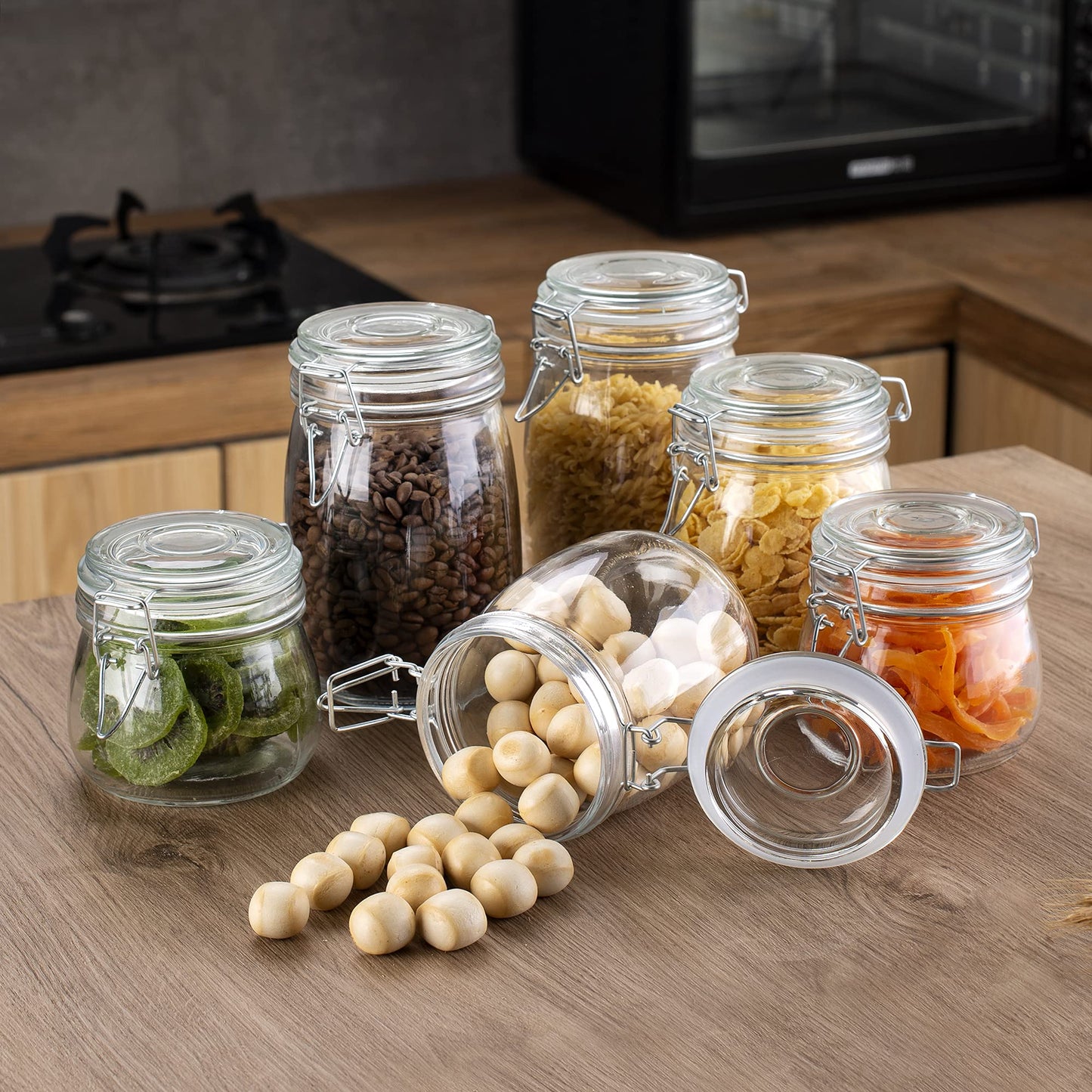 Amisglass Mason Jars Wide Mouth Canning Glass Jars Rubber Seal, with Airtight Lids, Clear Canister for Cereal, Beans, Coffee, Nuts Set of 6 (1100ML*2+1000ML*2+600ML*2) Preserve Container Jars 6 Pieces