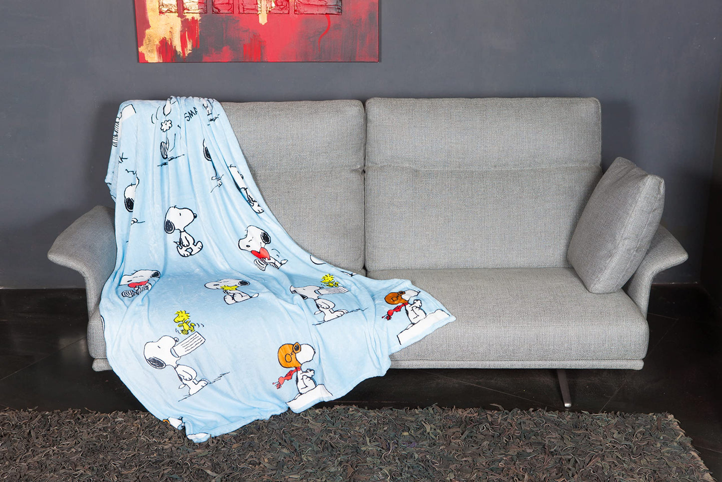 Kanguru Plaid Snoopy Throw Blanket, Fleece Blanket, Soft Blanket, Throws for Sofas, Blanket for Bed, Gift Ideas, Snoopy Gifts, Kids Bedroom Accessories, Light Blue, Size 130 x 170 cm Plaid Snoopy Light Blue