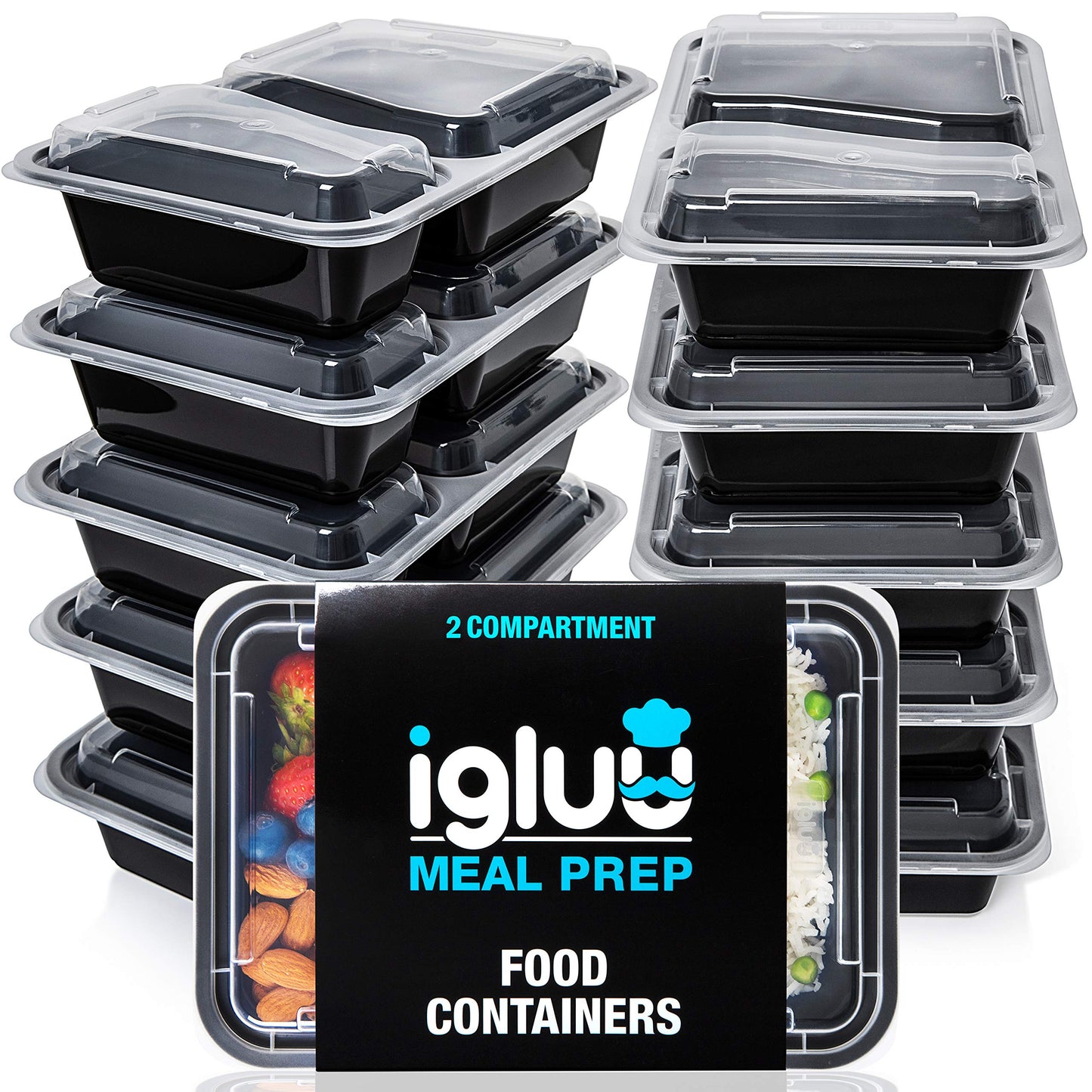 2 Compartment Meal Prep Containers - Reusable BPA Free Plastic Food Storage Trays with Airtight Lids - Microwavable, Freezer and Dishwasher Safe - Stackable Bento Lunch Boxes – [10 Pack, 30 oz] 10