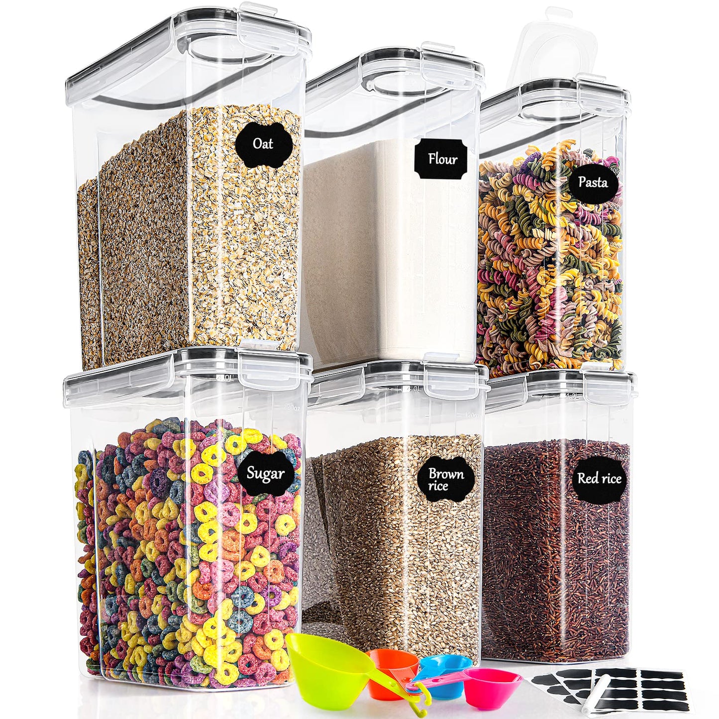 GoMaihe 4L Cereal Storage Containers Set of 6, Plastic Airtight Food Storage Containers with Lids, Storage Jars for Storing Pasta, Rice, Rlour, Dog, Cat, Pet Food, Cereal Dispenser Kitchen Organiser 4LX6