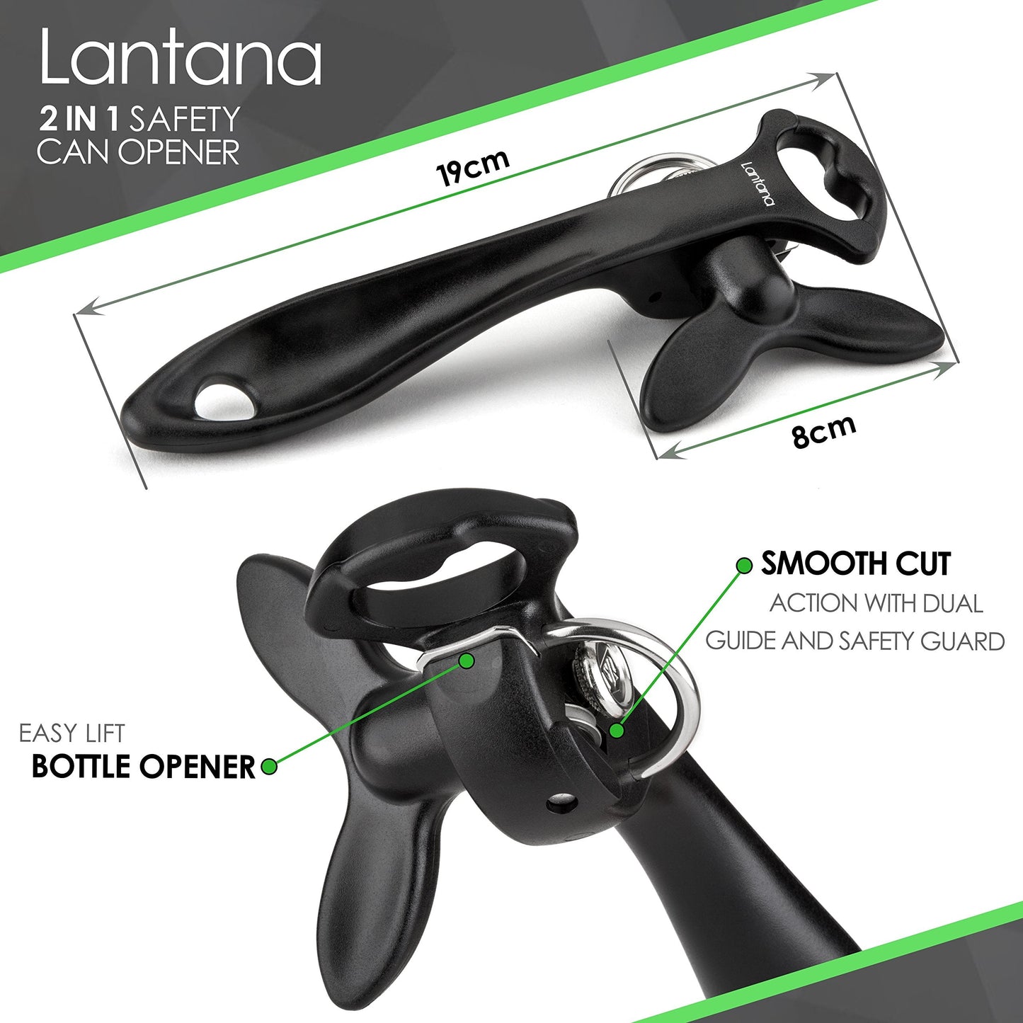 Lantana 2 in 1 Safety/Smooth Edge Tin Can Opener & Bottle Opener - Black/Stainless Steel