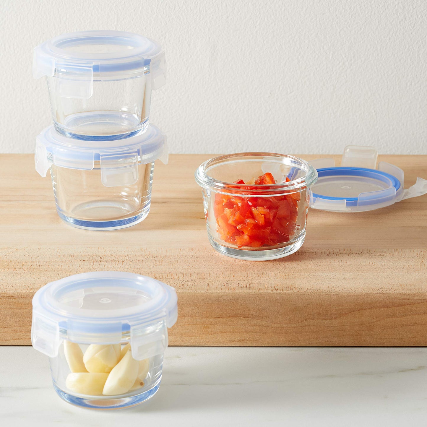 Amazon Basics ABL001 8 Piece Glass Storage, 144 ml, Set of 4 Containers, Clear With Blue Lids