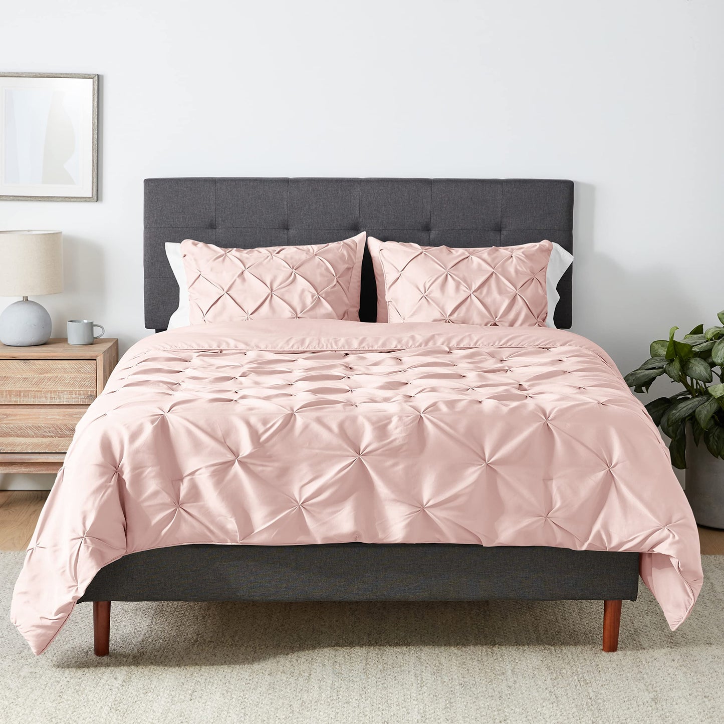 Amazon Basics 3 Piece Down-Alternative Comforter Bedding Set, Full/Queen, Blush, Pinch-Pleat Detailing And Piped Edges